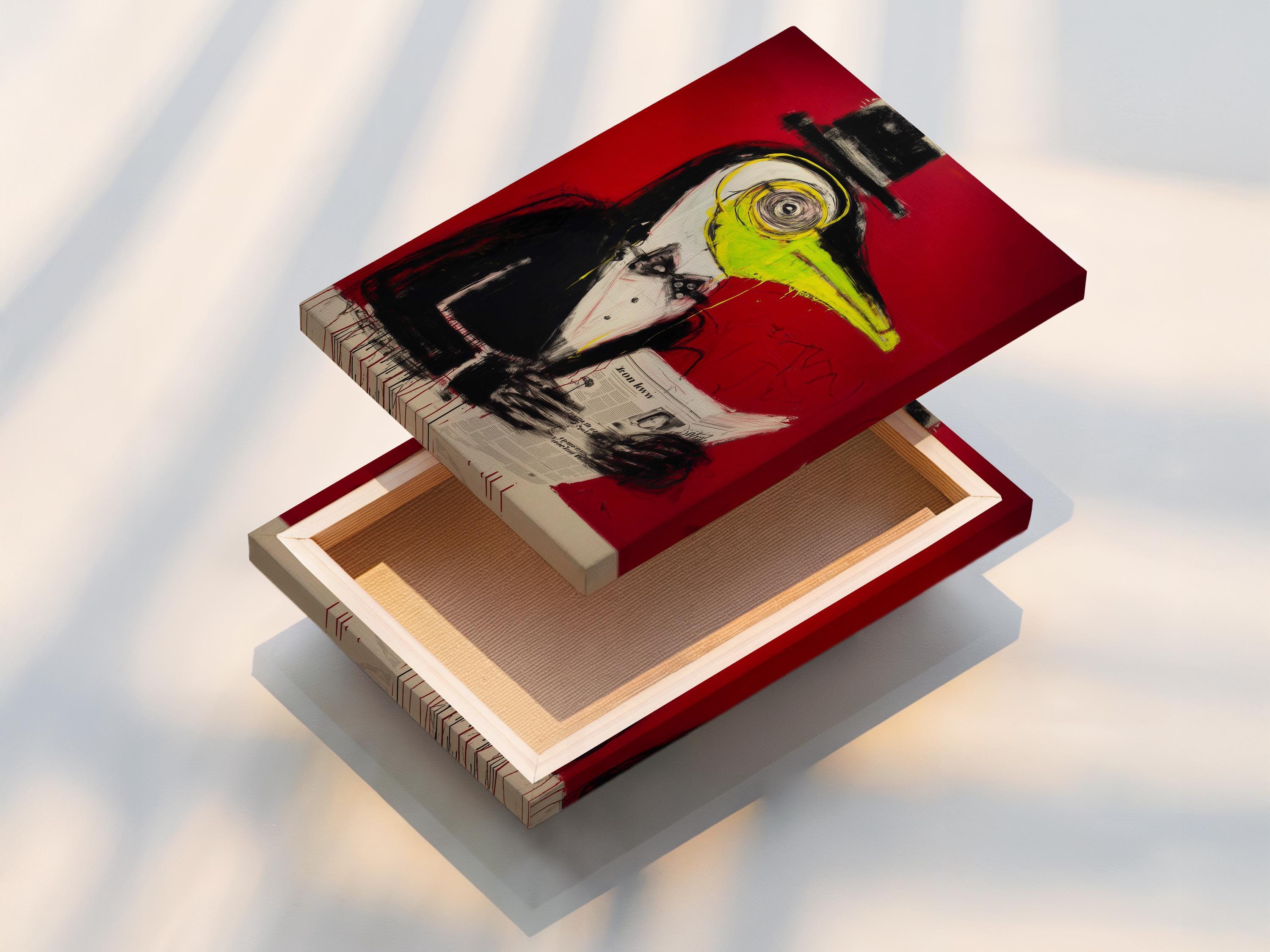 Stylised penguin-like bird portrait with red background, black shapes and yellow-green beak detail view