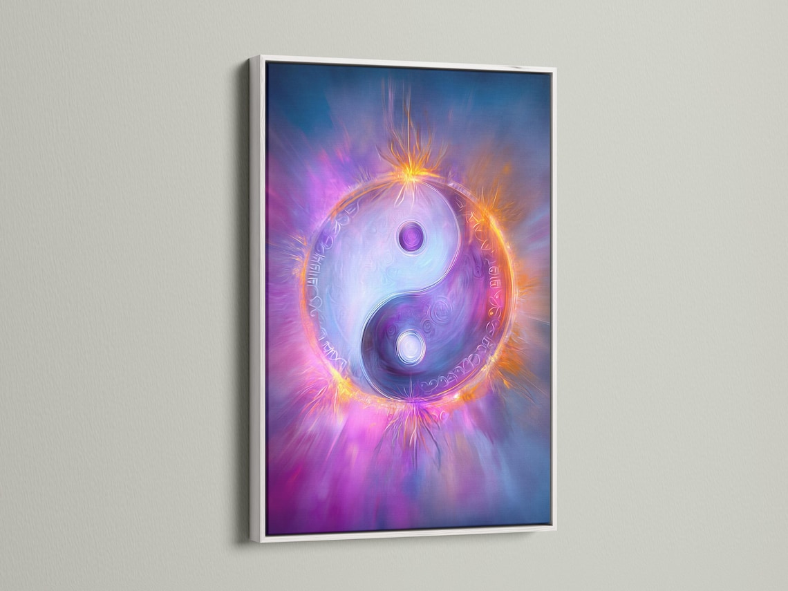 A cosmic yin-yang symbol glows in swirling purples and blues, framed by bright orange light rays and soft halo effects detail view
