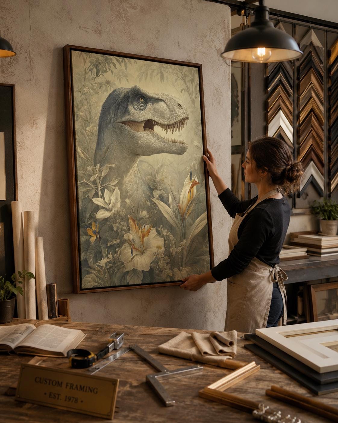 Woman standing in a room next to a framed dinosaur and botanical illustration on the wall