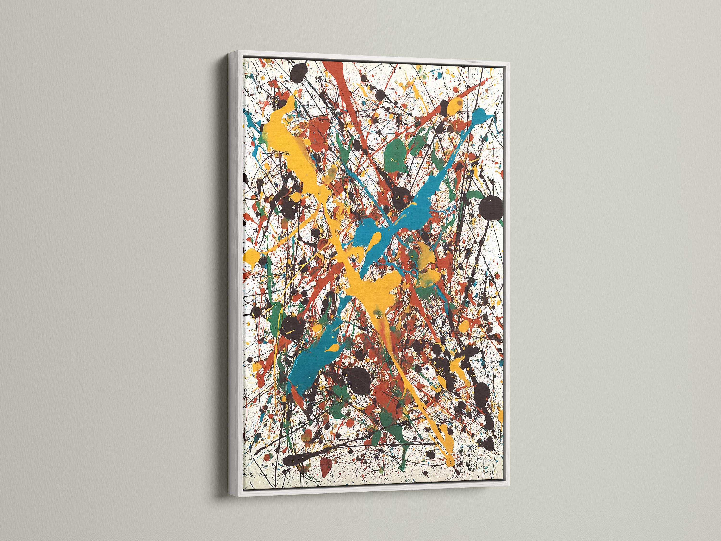 Abstract splatter artwork with layered blue, teal, yellow, red and green shapes on a white background detail view