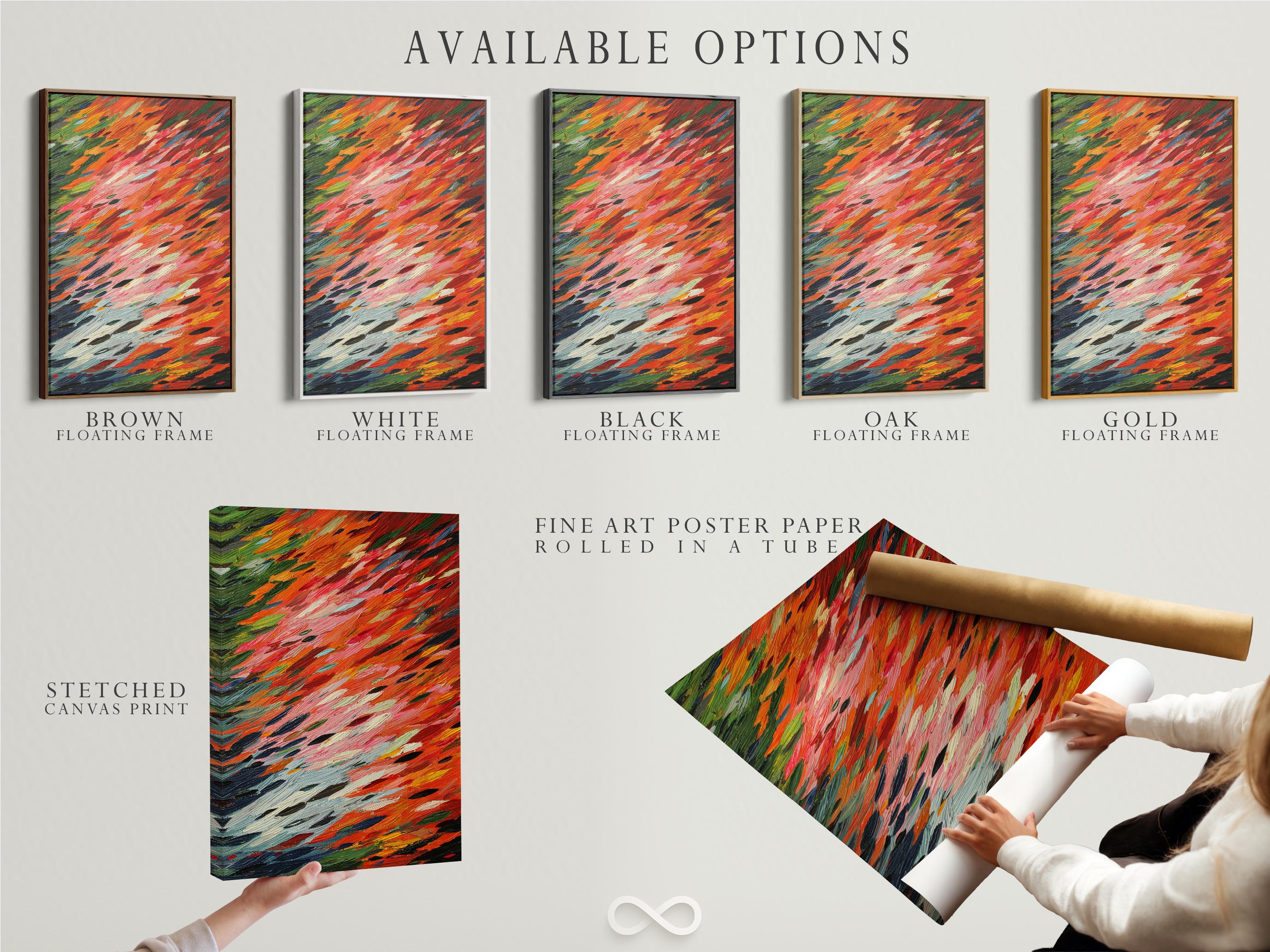 Abstract painting with orange-red, pink, green and dark navy brushstrokes in diagonal layers detail view