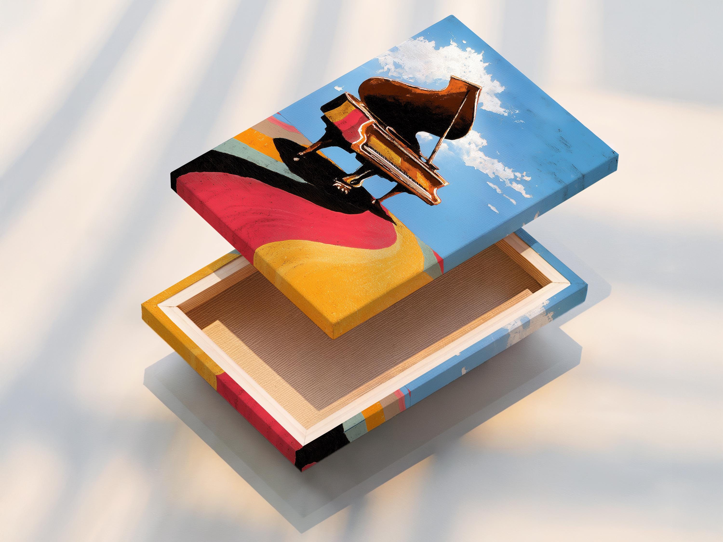 Room mockup showing a framed piano artwork with blue sky and colourful ground bands