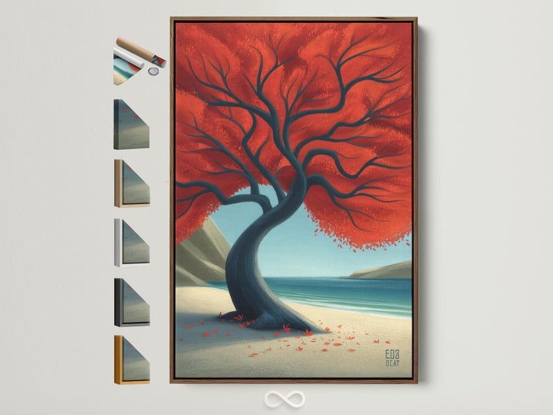Stylised tree with a red canopy over a sandy beach with a blue ocean