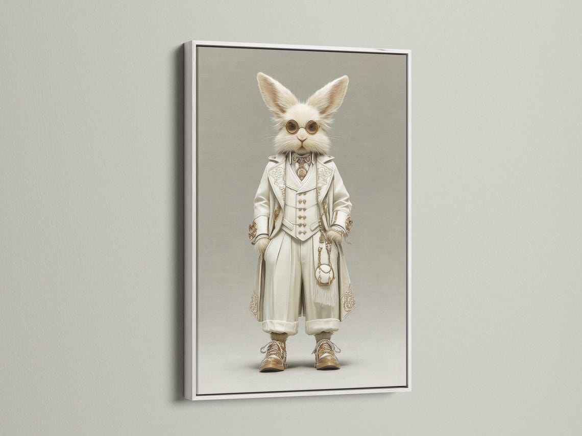 A framed rabbit portrait artwork featuring a white rabbit with round gold spectacles and a Victorian outfit