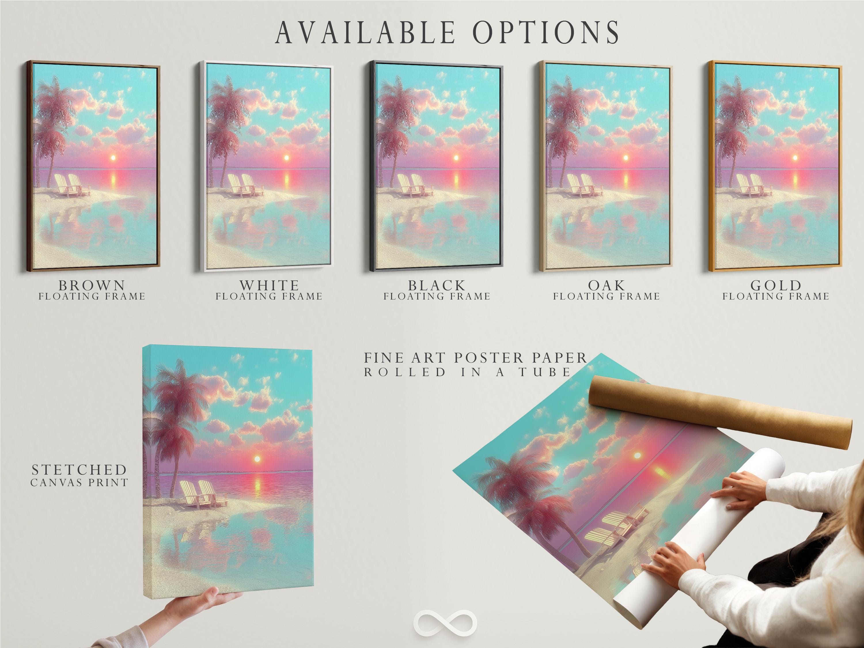 Room mockup showing beach sunset artwork in a framed seascape design