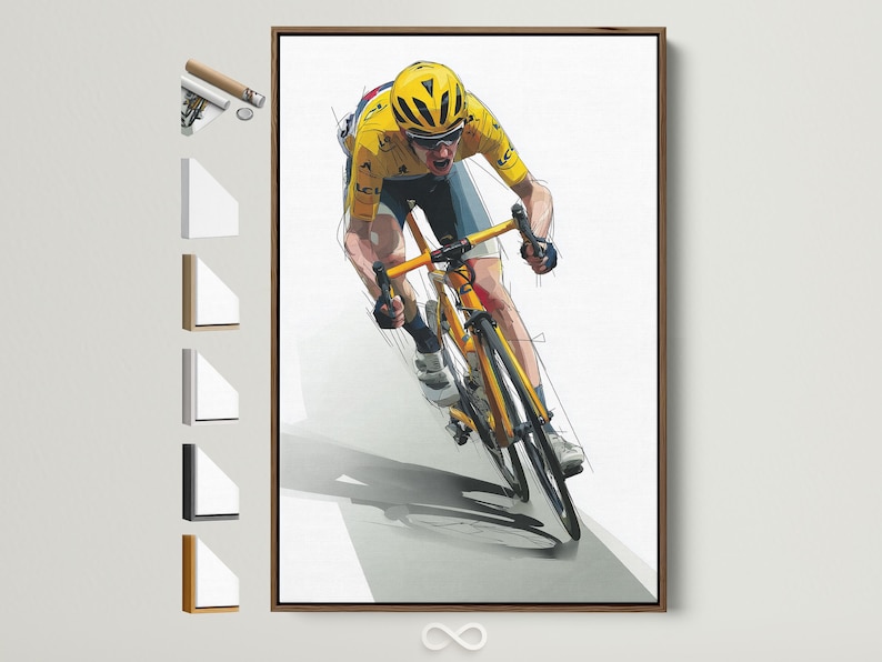 Stylised yellow cyclist riding a bicycle diagonally with motion lines