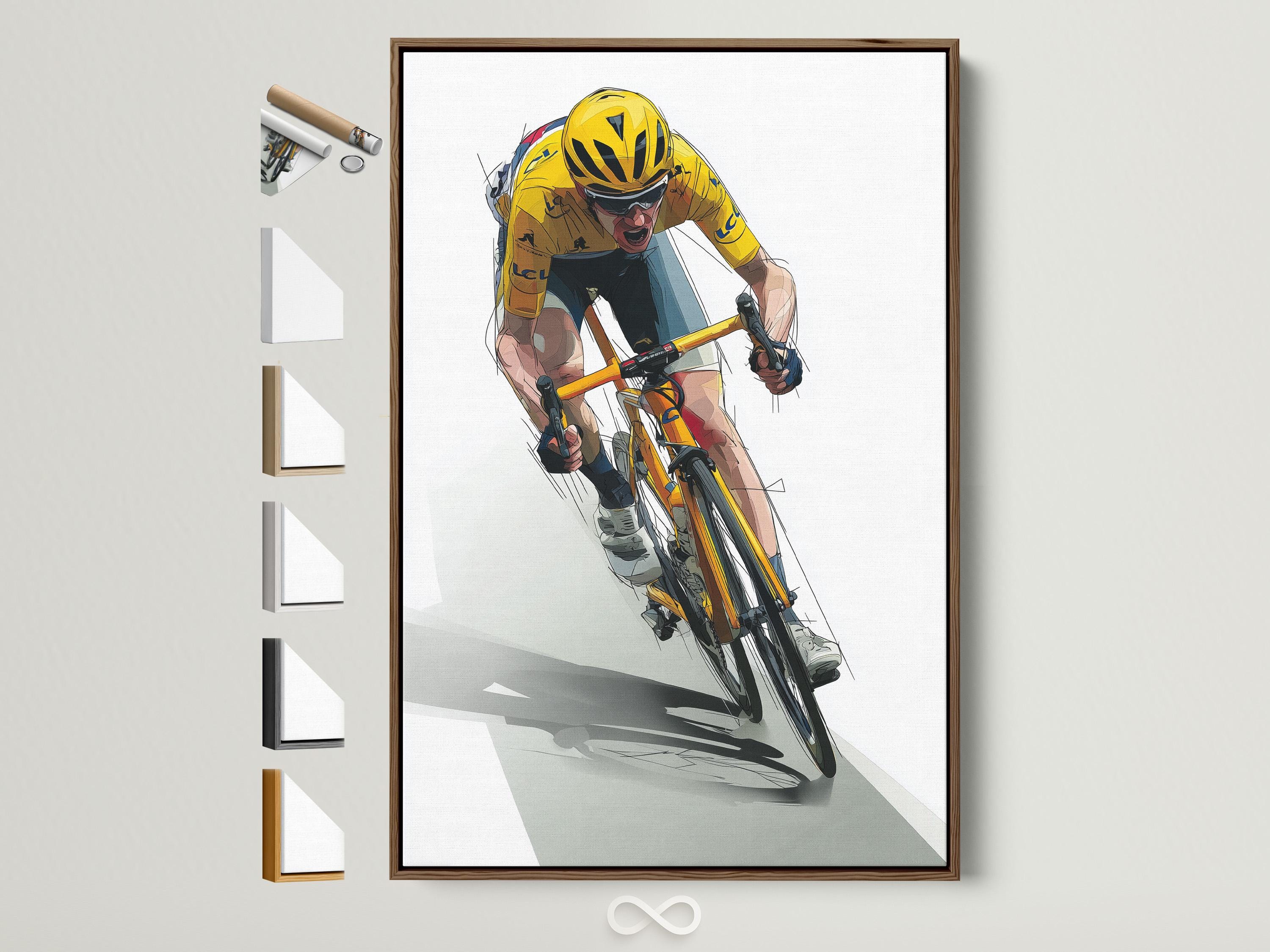 Stylised yellow cyclist riding a bicycle diagonally with motion lines