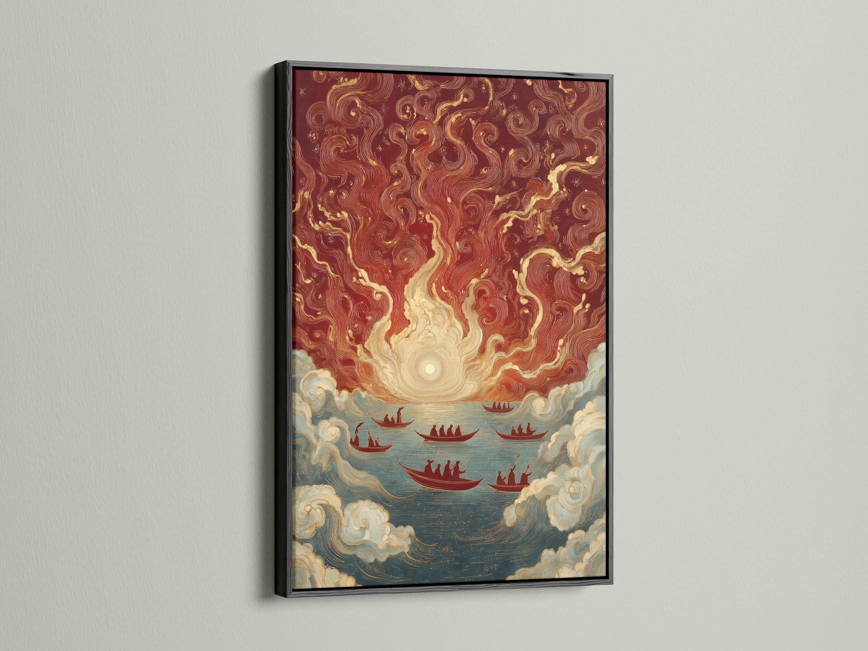 Stylised maritime artwork with a sunrise glow, swirling clouds and several red boats on ocean water detail view