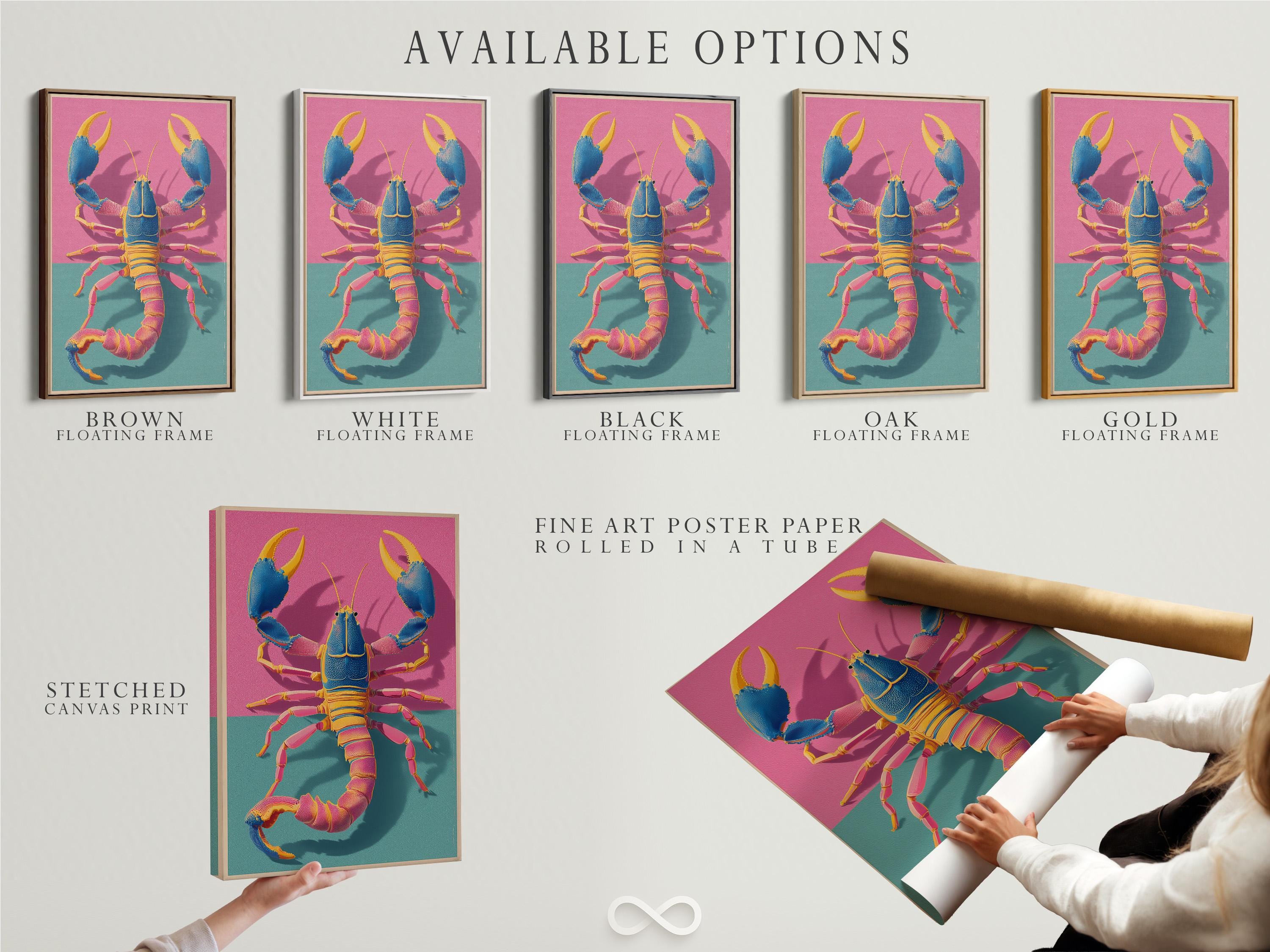 Stylised blue lobster with gold claws on a hot pink and teal sea background detail view