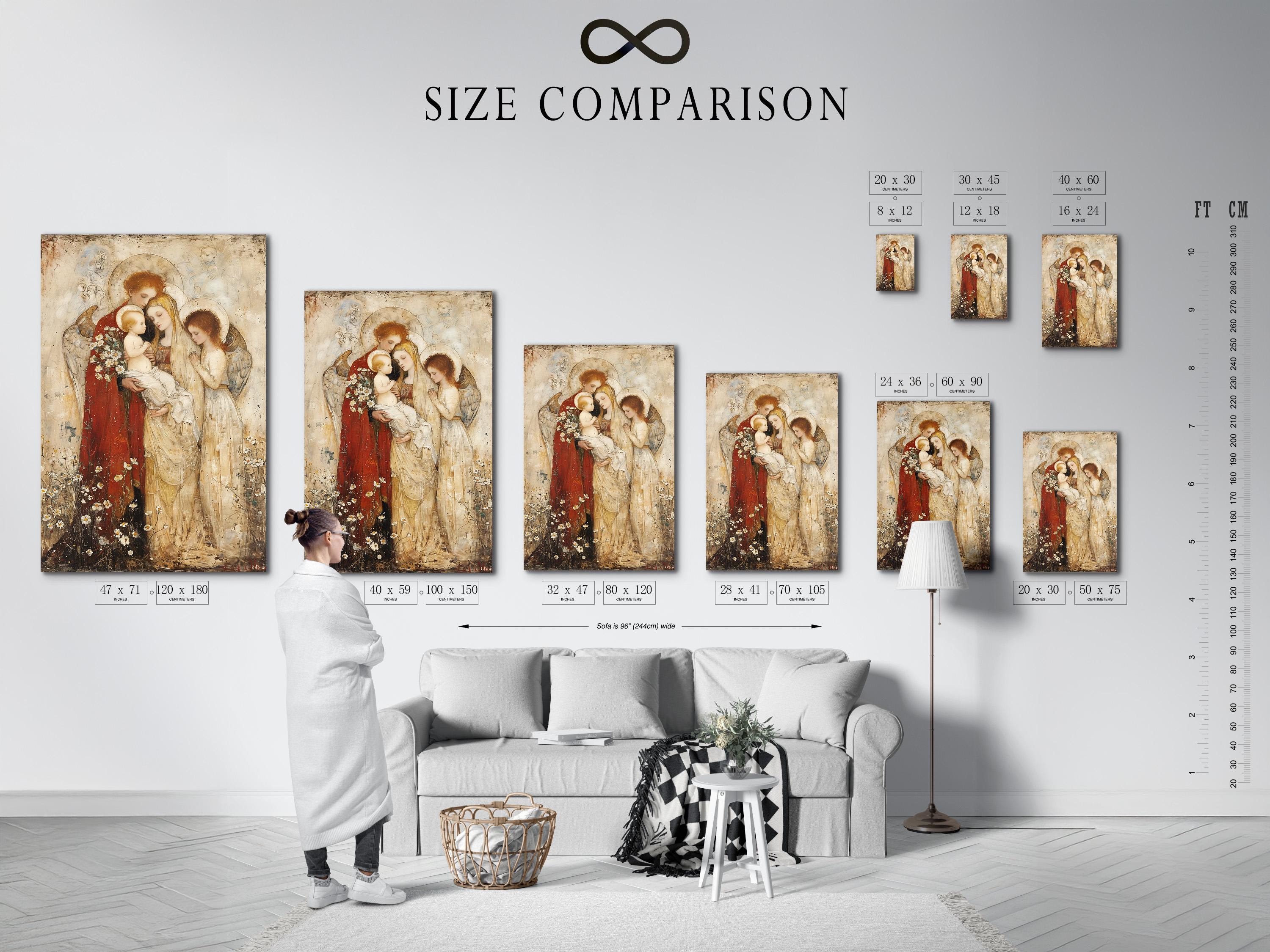 Room mockup featuring a framed religious artwork of Madonna holding a baby with winged angels