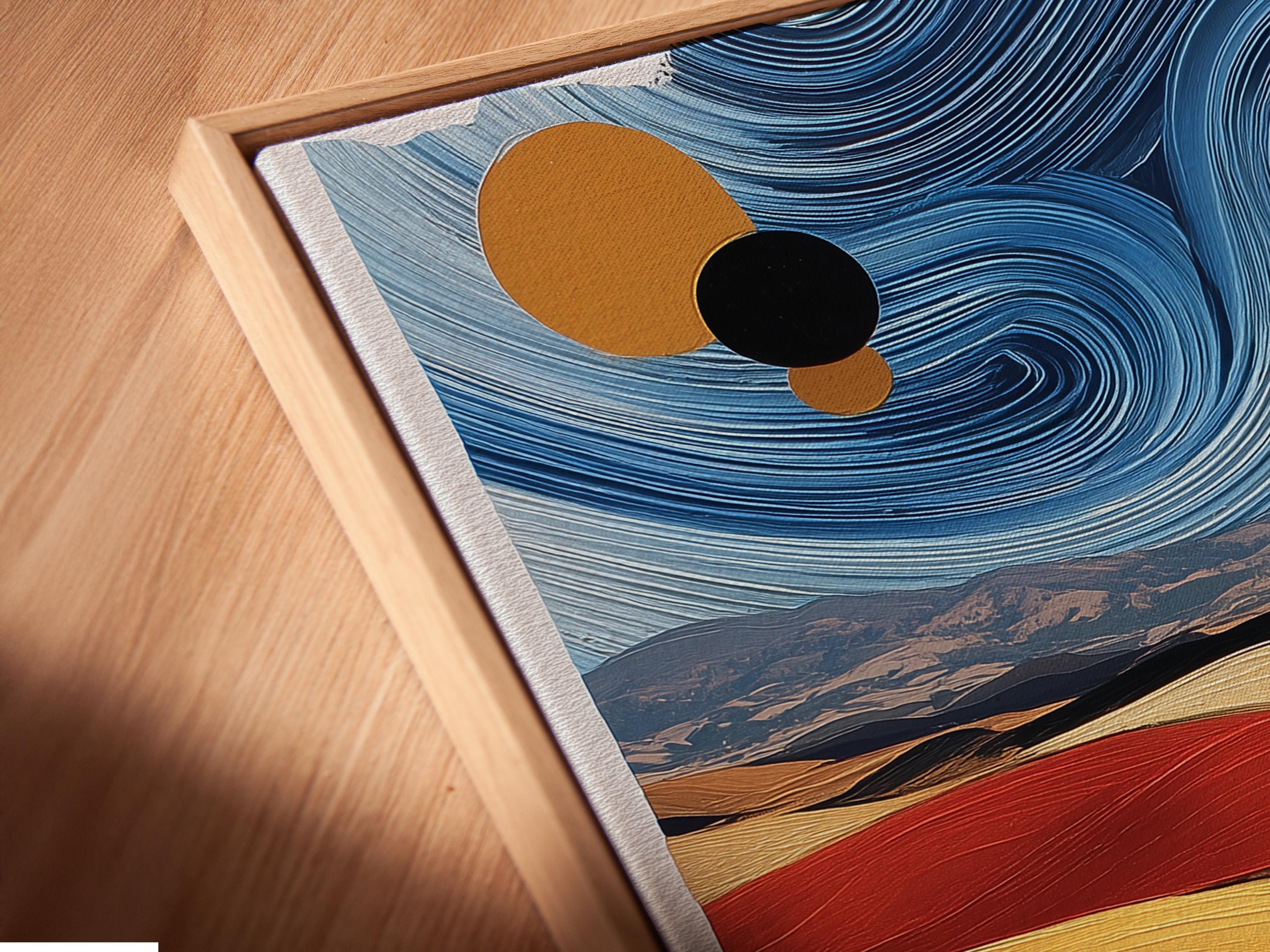 Stylised countryside landscape with ochre fields, a farmhouse, and a swirling blue sky with circular accents detail view