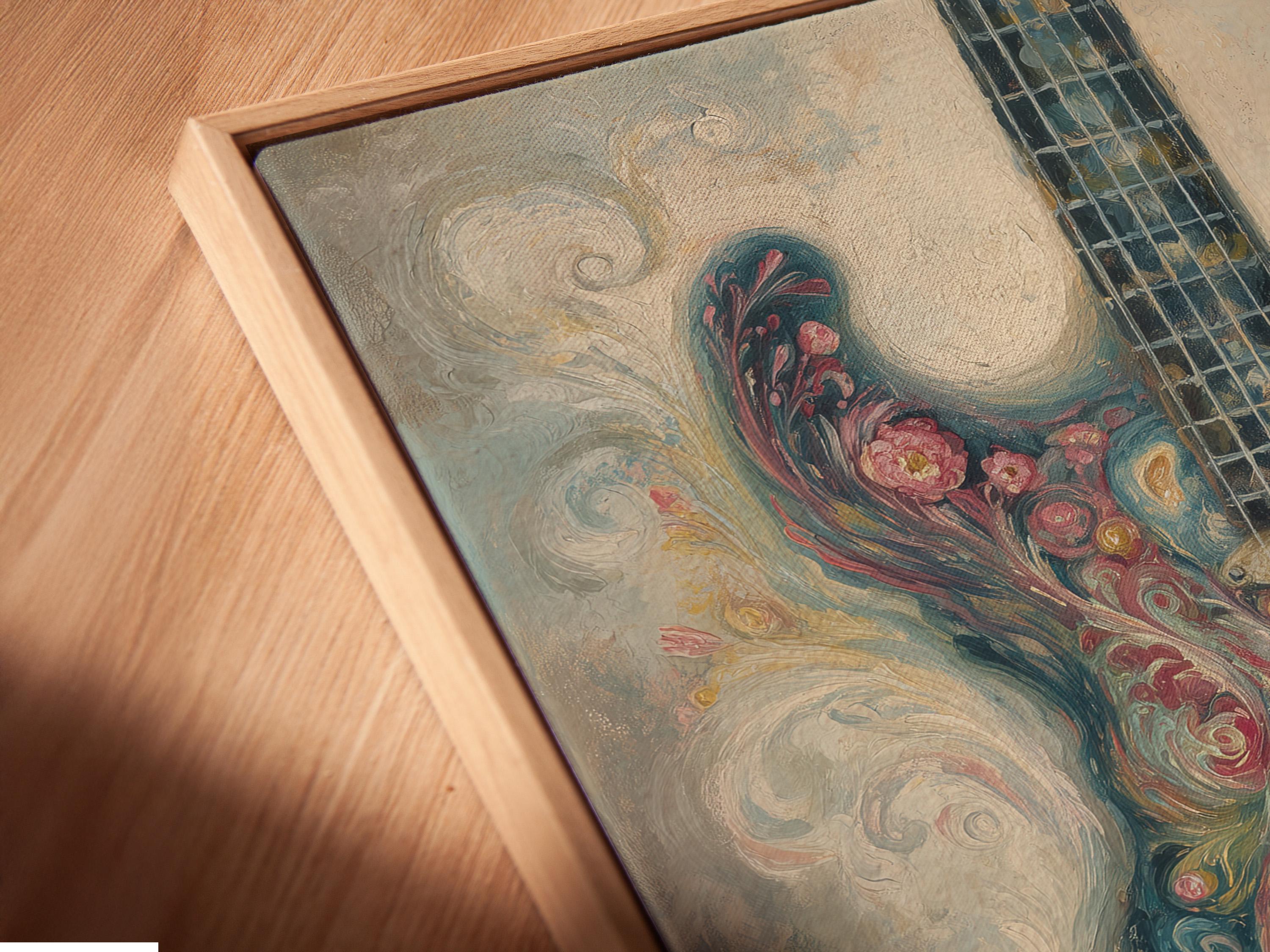 Stylised floral guitar artwork with dusty pink blossoms and teal-blue swirls detail view