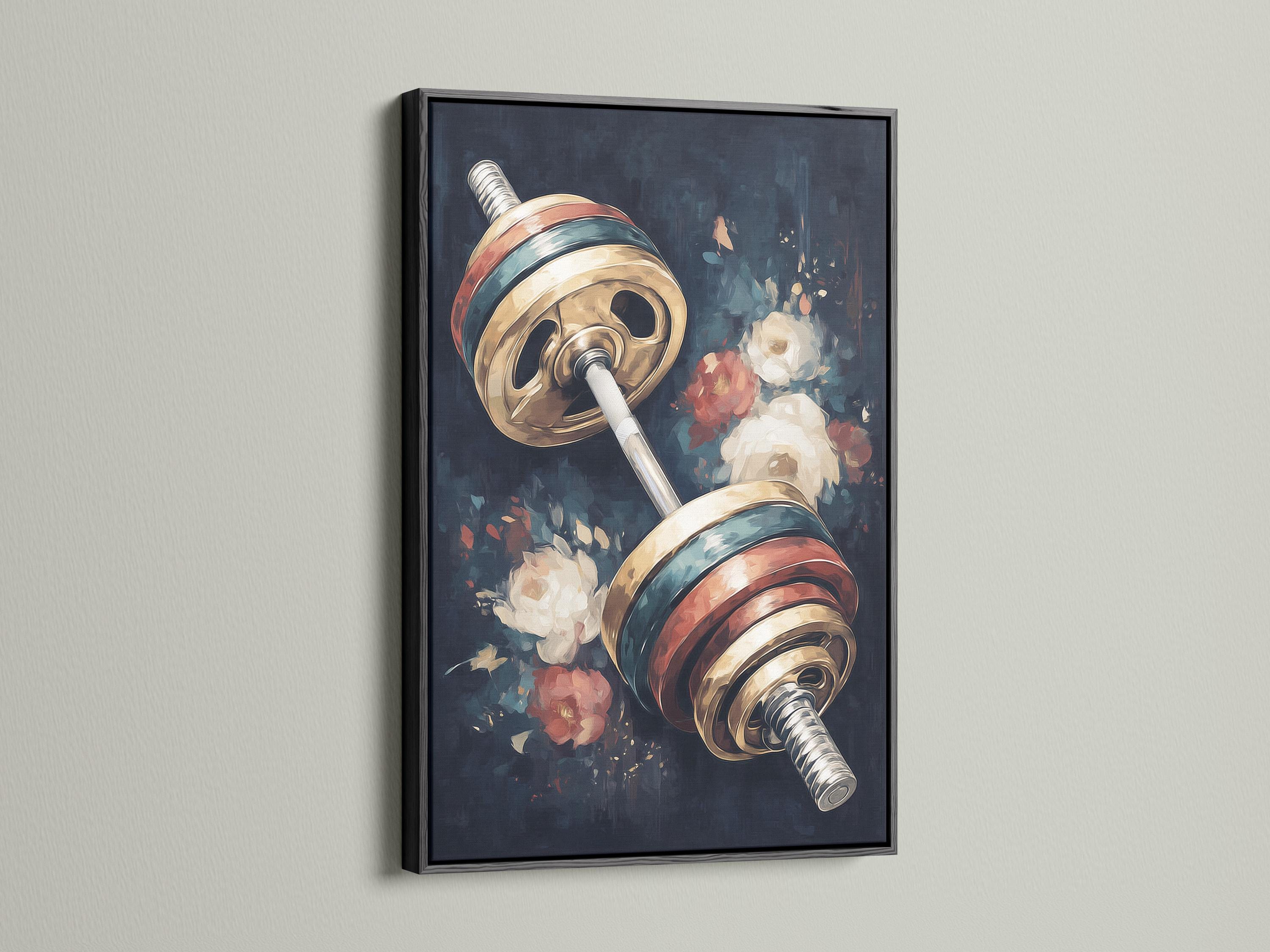 Diagonal barbell with metallic gold plates over dark floral background detail view