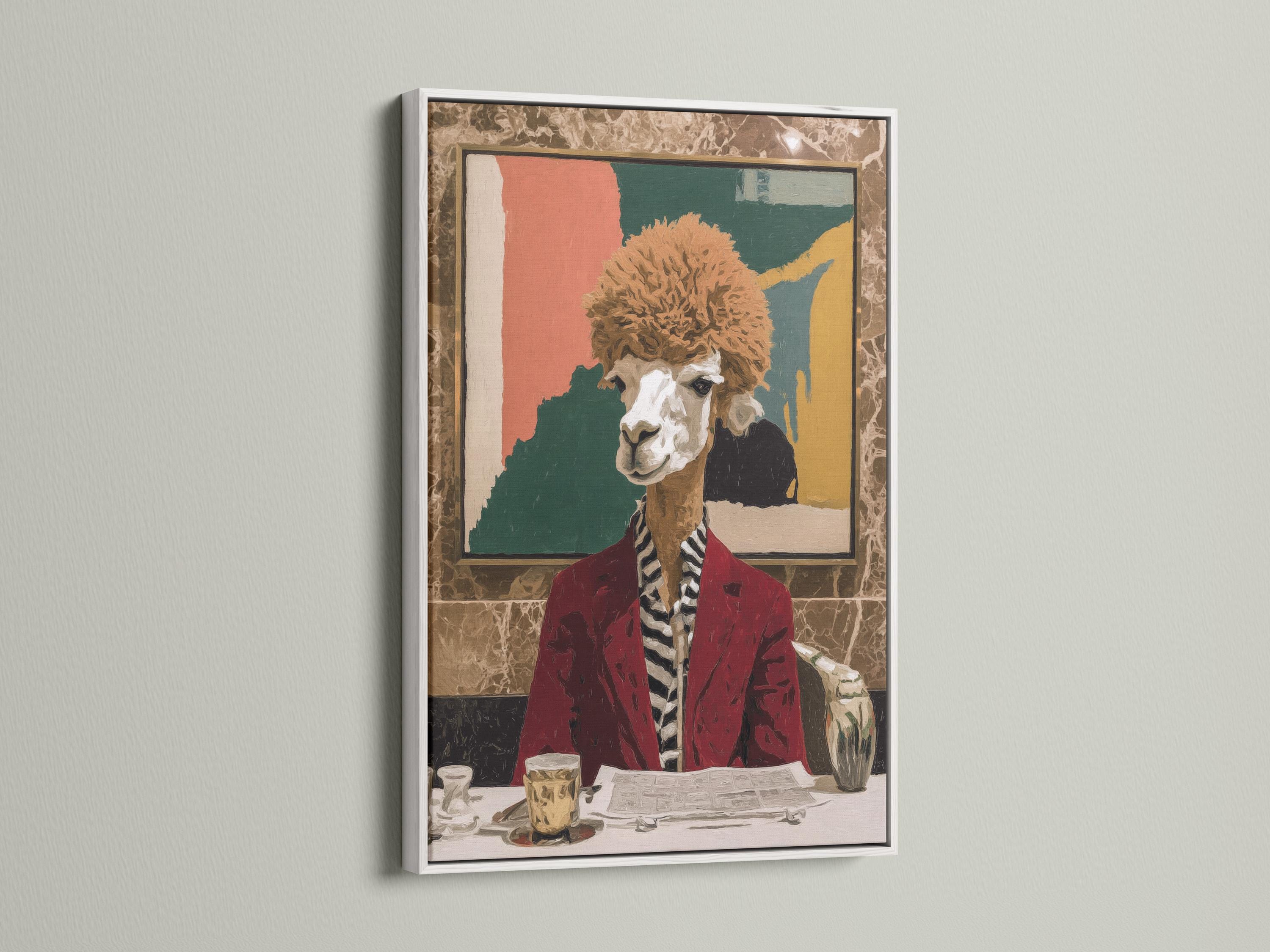 A stylised llama portrait in a red suit is posed indoors, with bold block colours behind and a faux café-table still life in the foreground detail