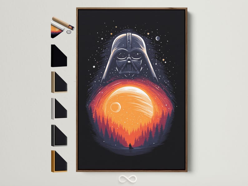 Dark sci-fi illustration of a helmeted villain above a glowing planet with stars and a forest silhouette