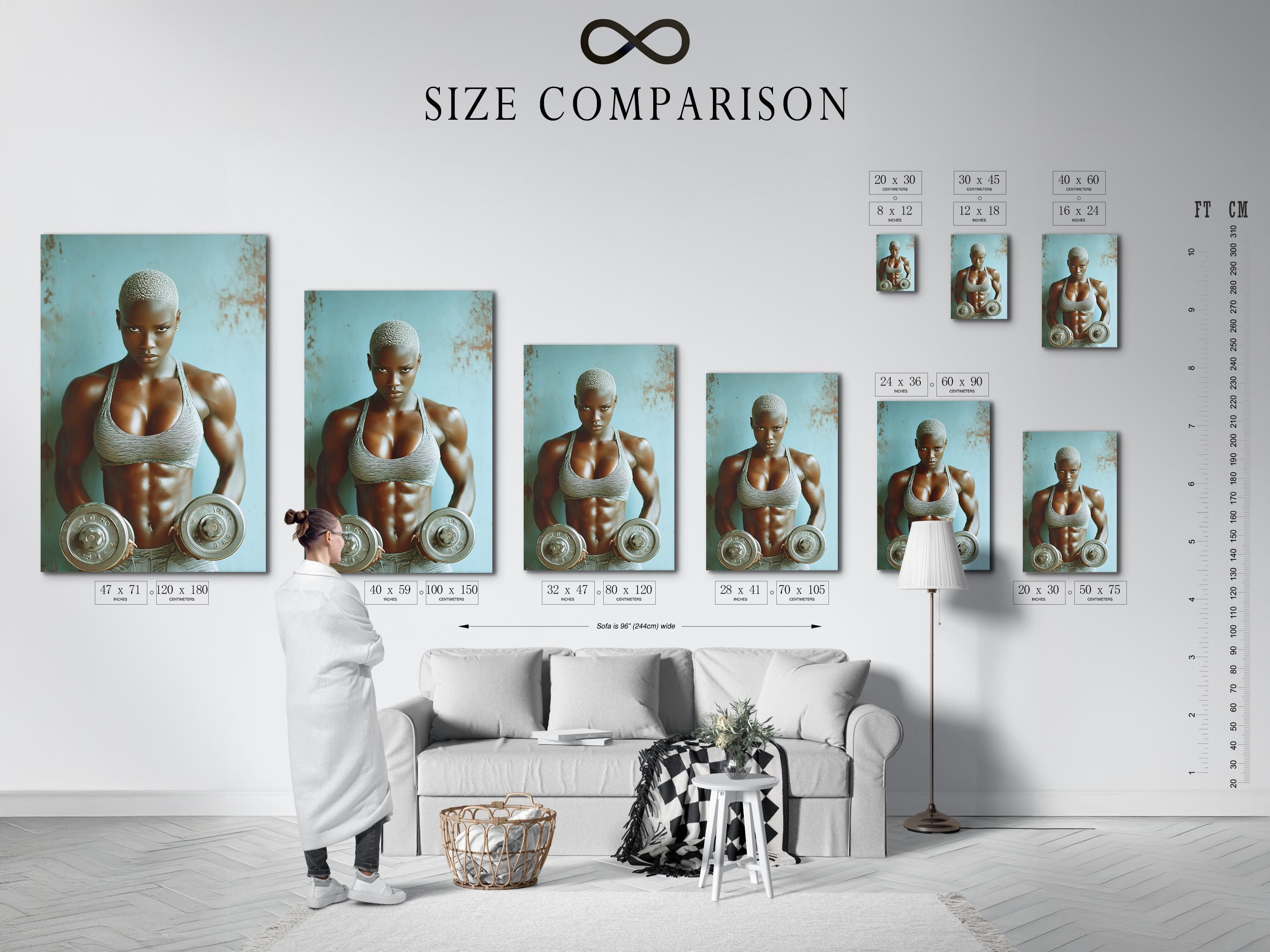 Room mockup showing a framed teal fitness portrait of an athletic woman holding weight plates
