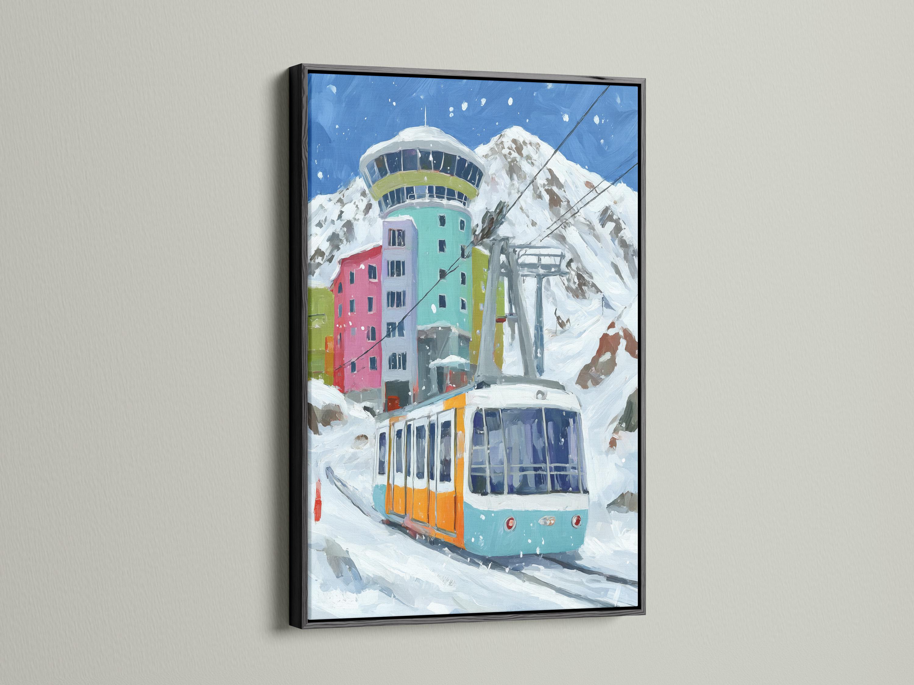 Painterly cable car gondola in a snowy alpine mountain scene with colourful buildings and falling snow detail view