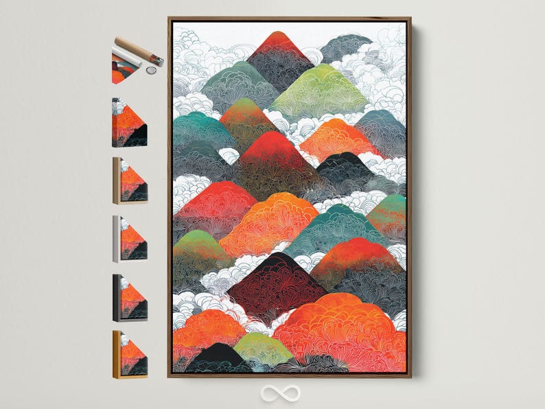 Illustrated mountain range with repeating contour line texture in red, orange, teal and green