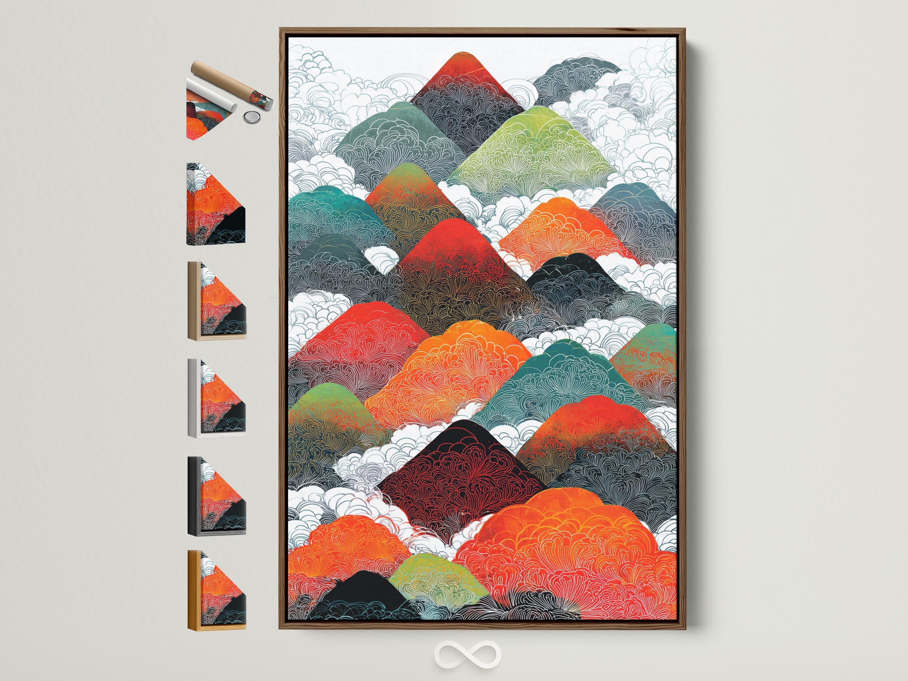 Illustrated mountain range with repeating contour line texture in red, orange, teal and green