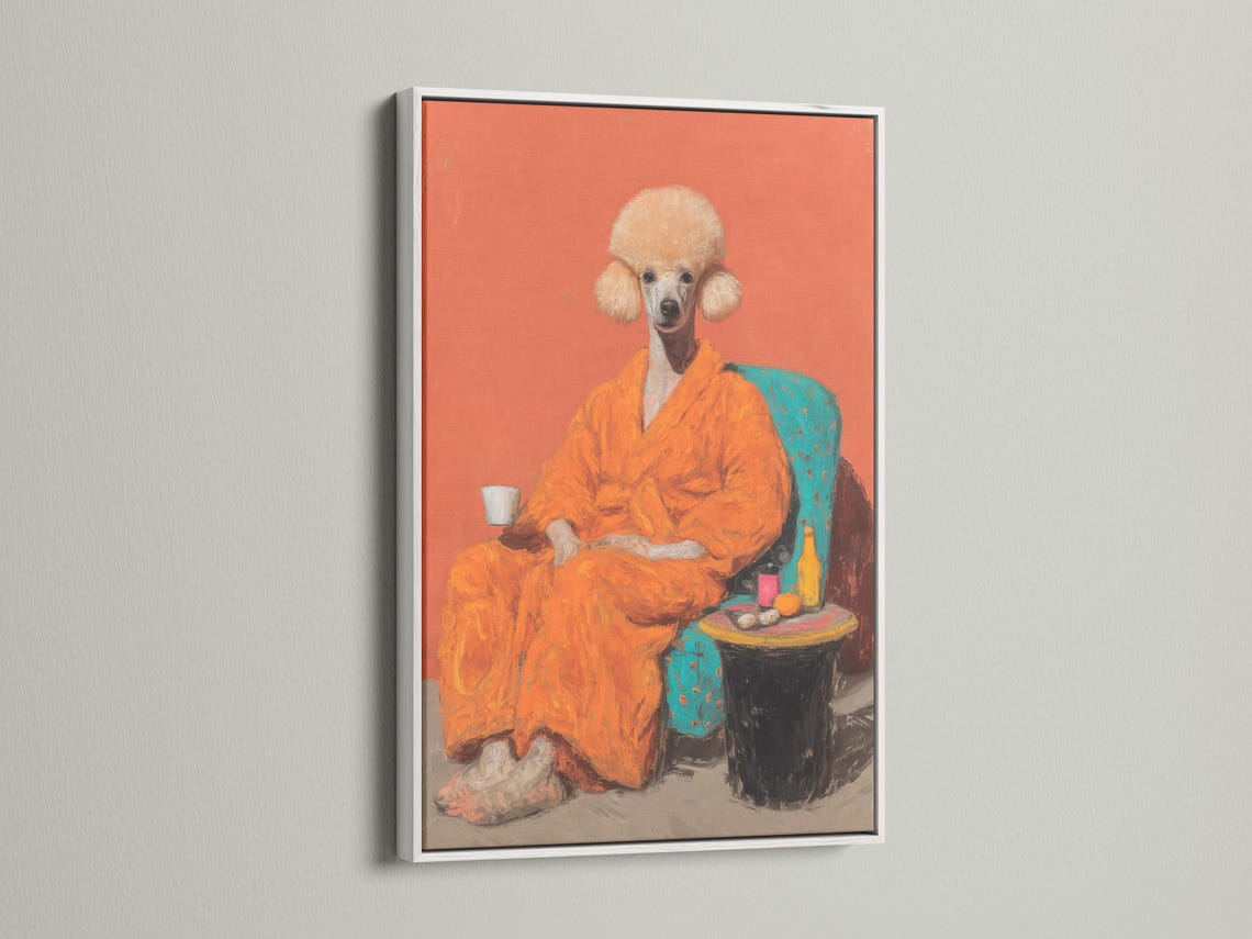Framed poodle portrait artwork on a white background with smaller frame mockups beside it