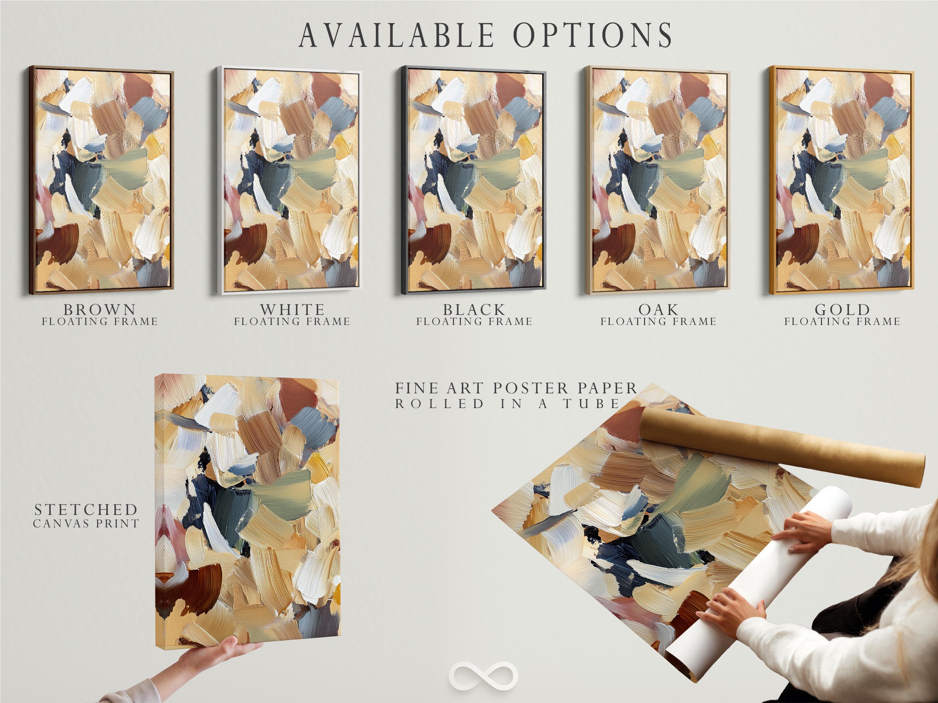 Room mockup showing an abstract beige and blue artwork in a frame with side angle thumbnails