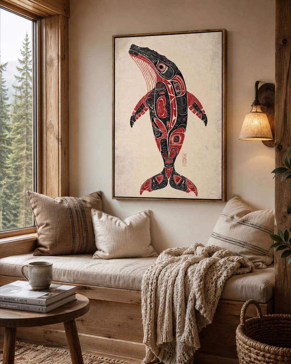 Man holding a mug beside a framed whale artwork in a rustic cabin setting