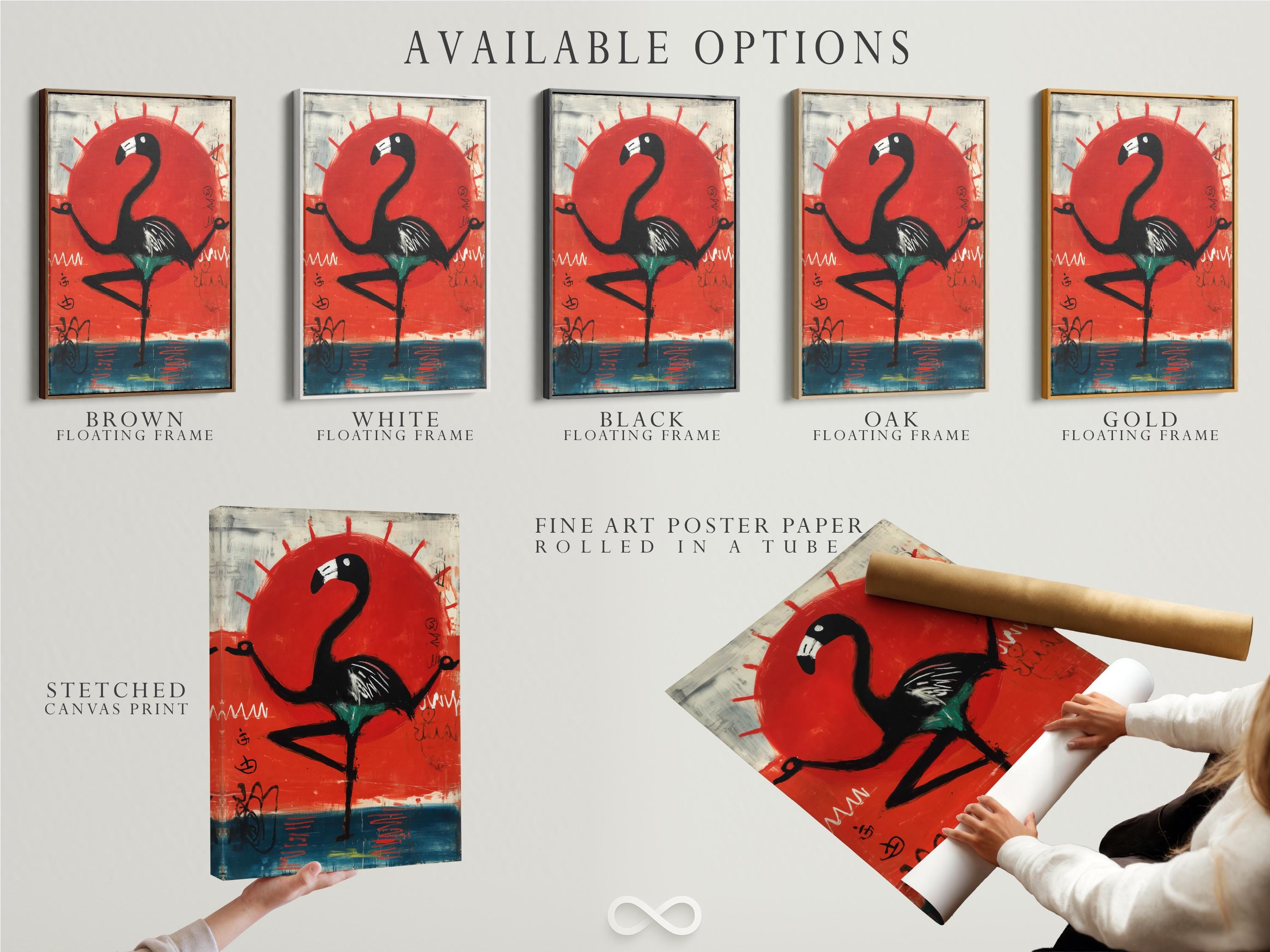 Stylised black flamingo beneath a large red sun over teal-blue and grey abstract marks detail view