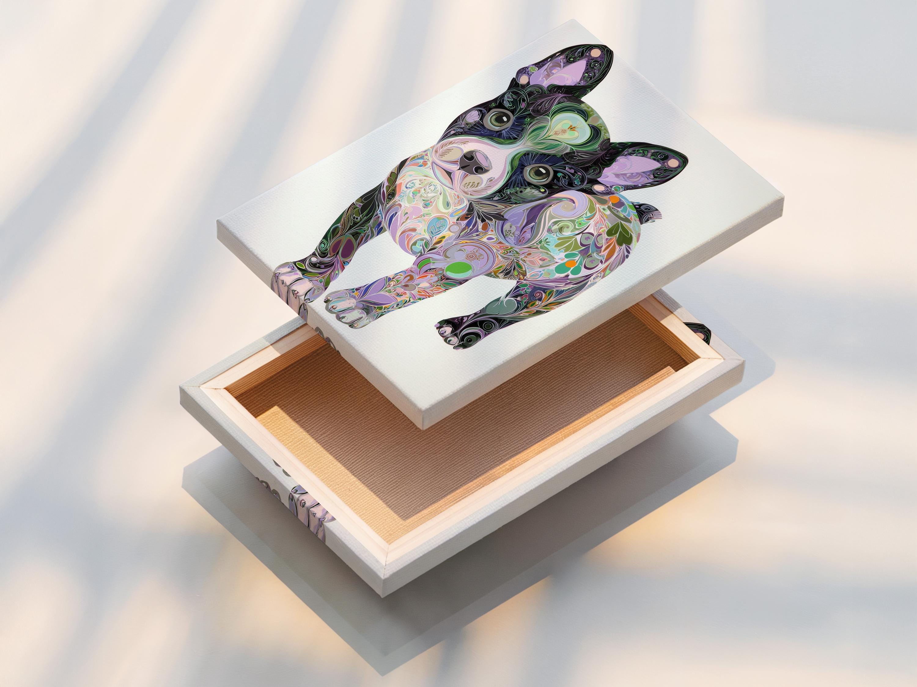 Stylised dog portrait filled with swirling floral patterns in purple, green and pink on a light background detail view