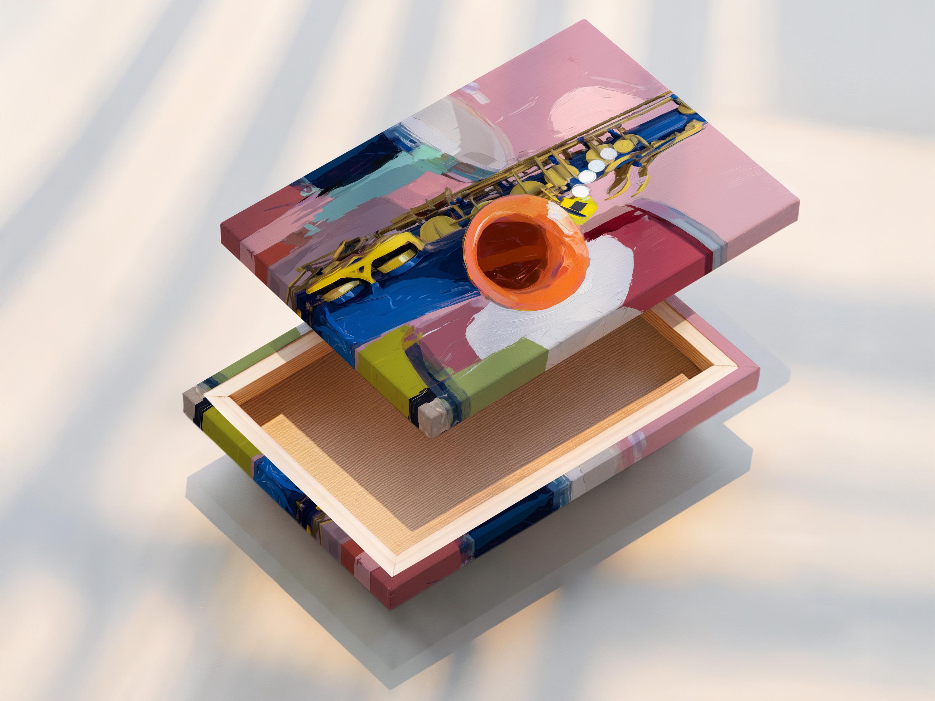 Square framed artwork mockup showing a colourful saxophone illustration on a wall