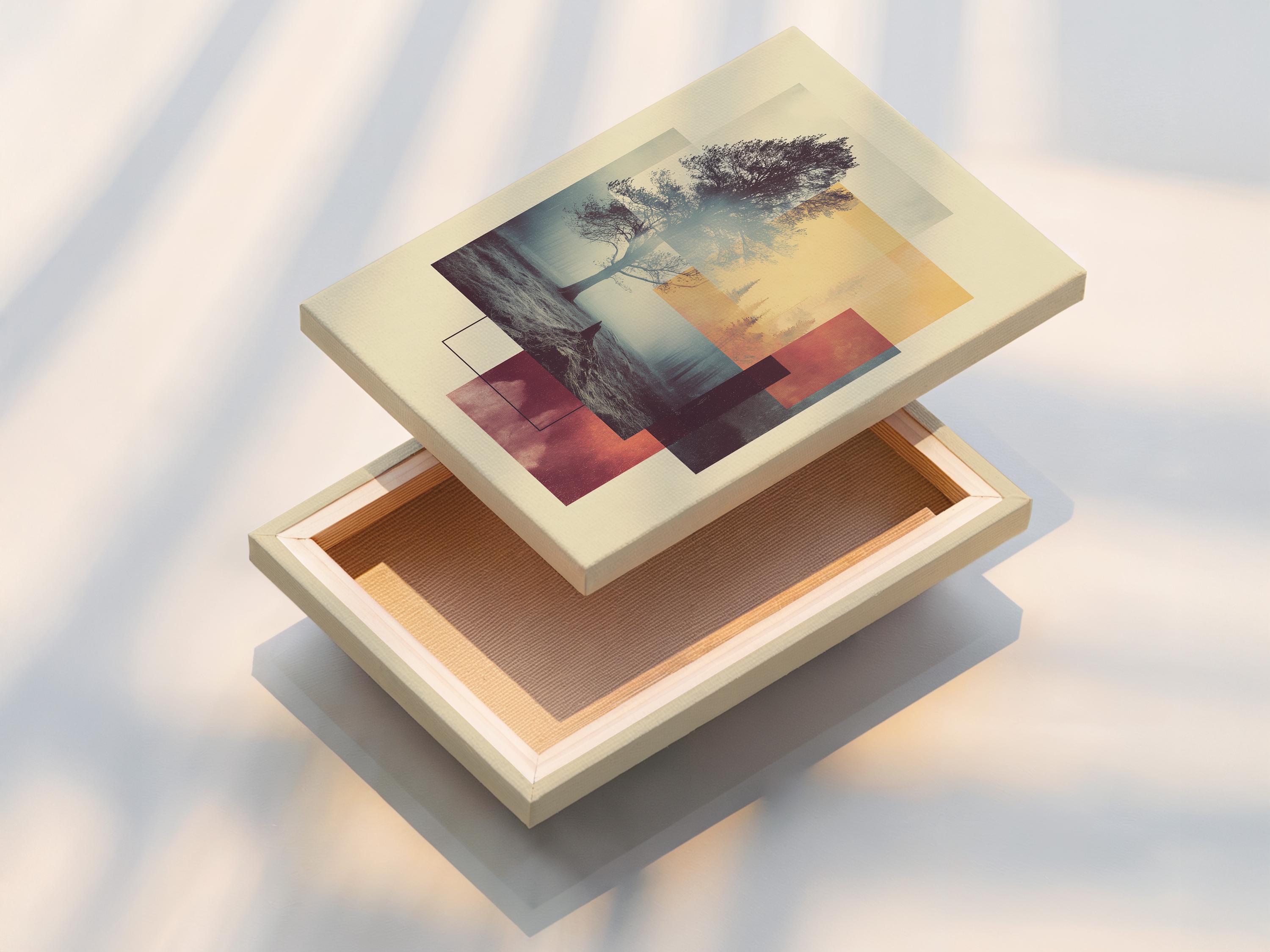 Abstract tree landscape with a lone tree silhouette and geometric beige, grey-blue and burgundy blocks detail view