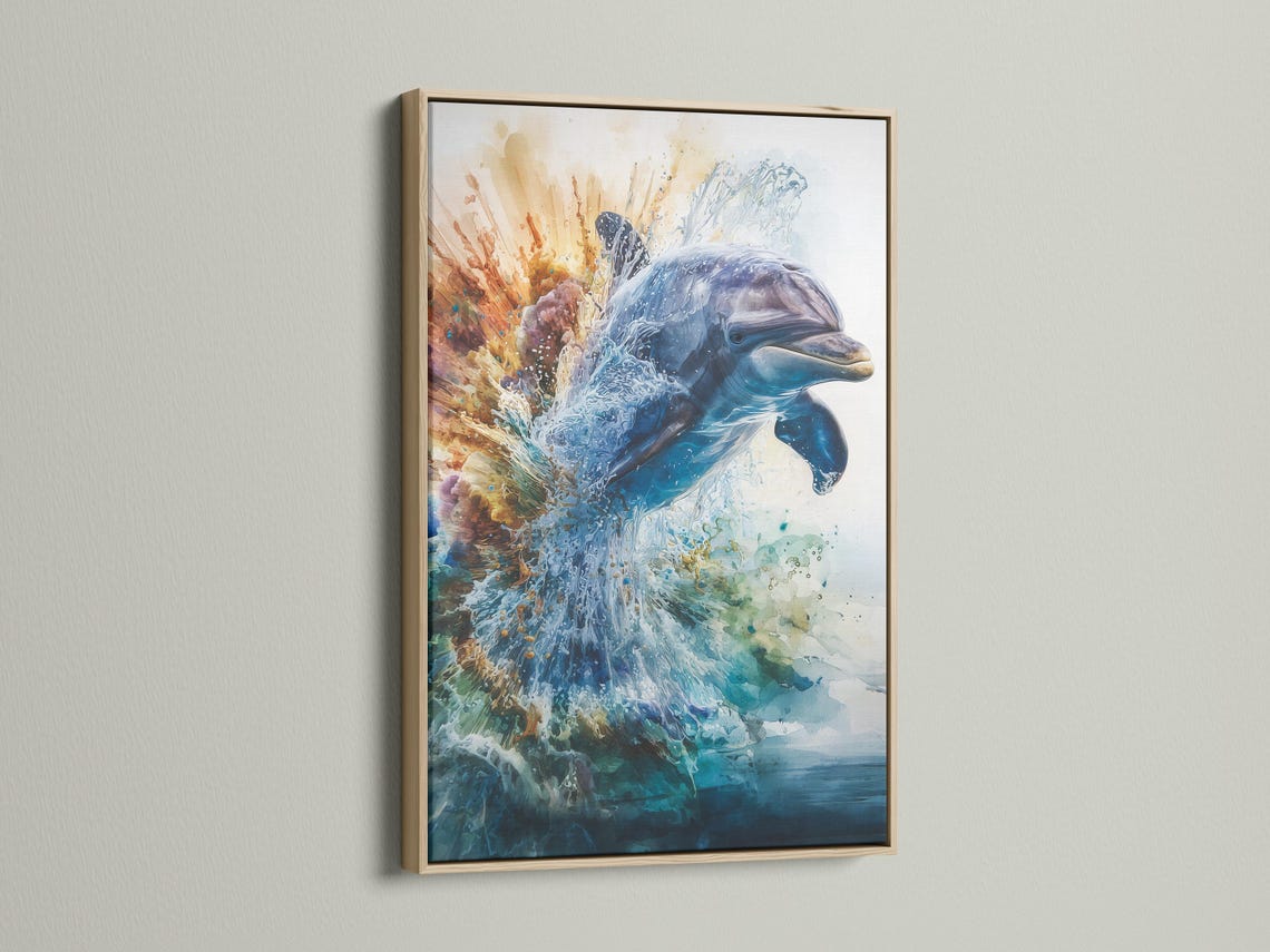 Framed ocean dolphin splash artwork on a wall with other frame options