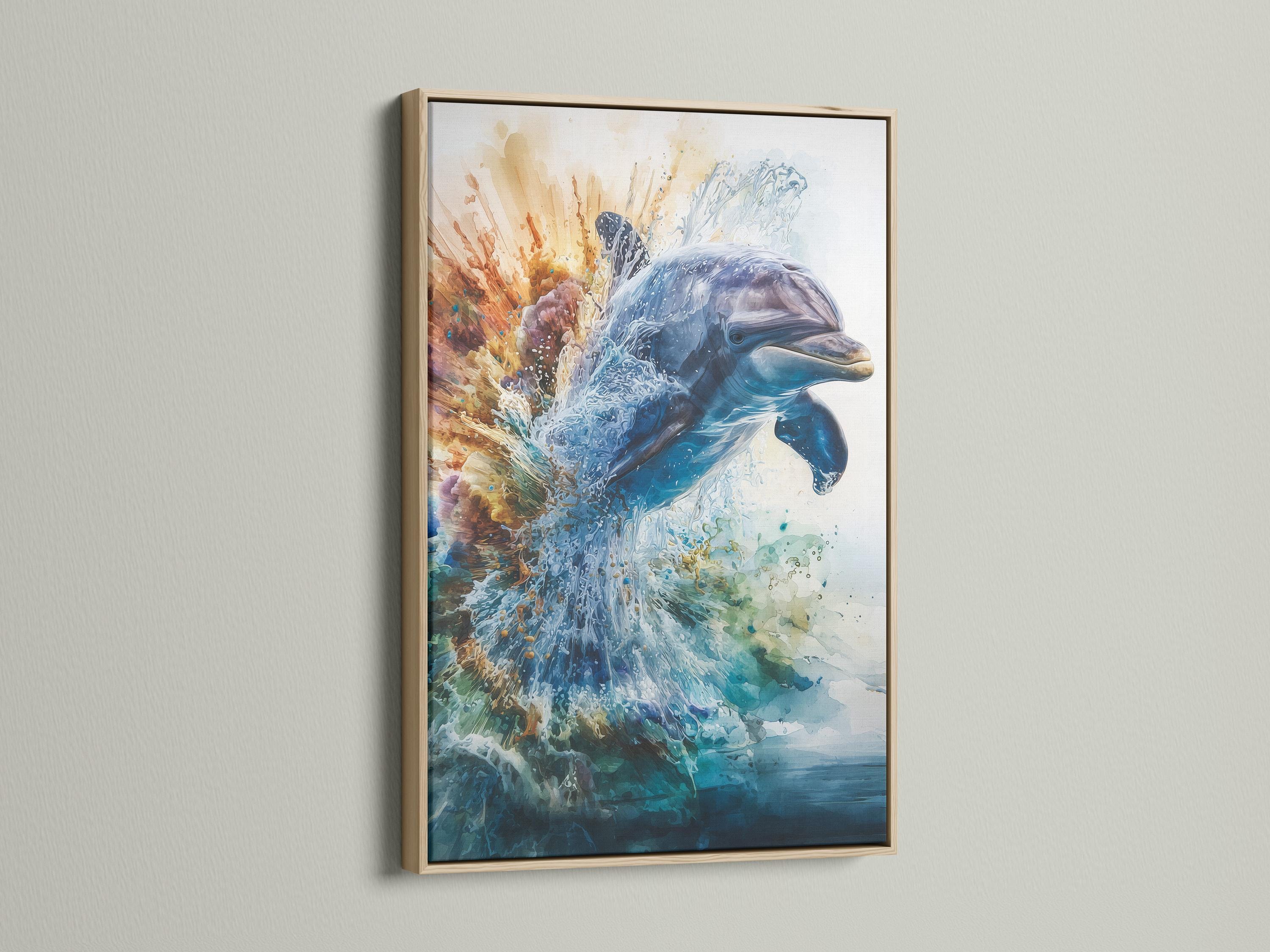 Framed ocean dolphin splash artwork on a wall with other frame options