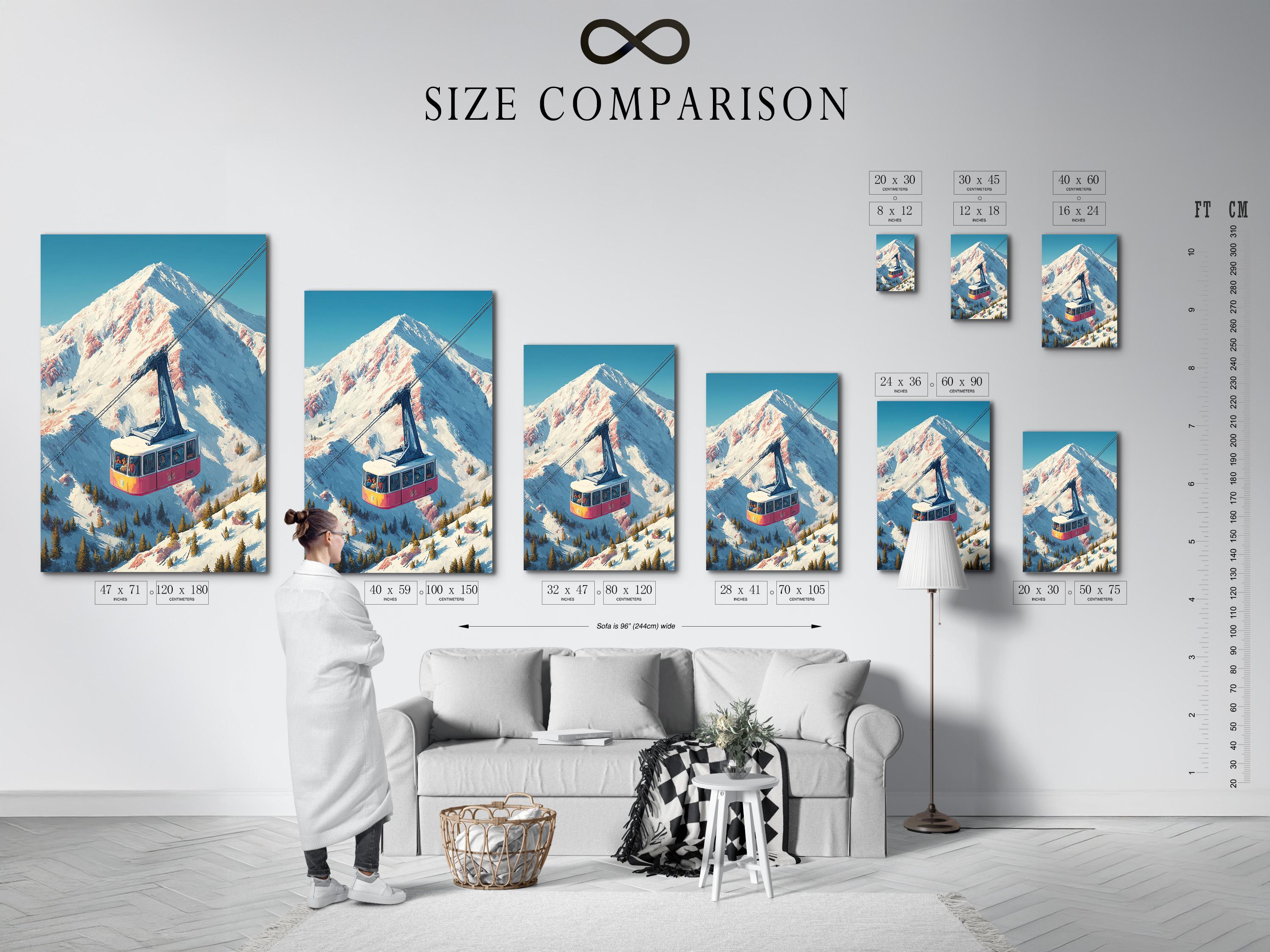 Illustrated alpine mountain scene with a cable car over snowy slopes and a tall peak detail view