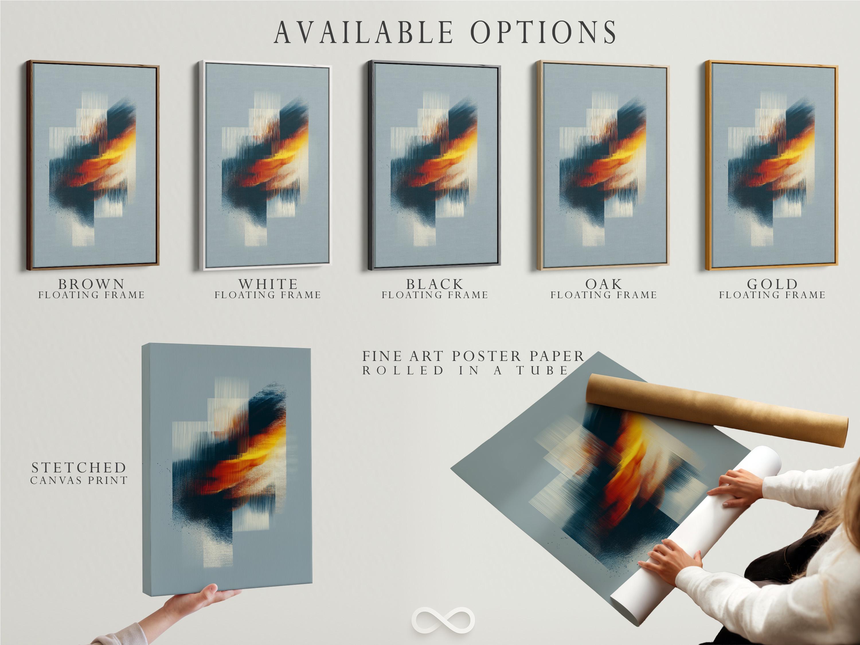 Abstract geometric wall art with layered blue rectangles and warm gold diagonal accents detail view