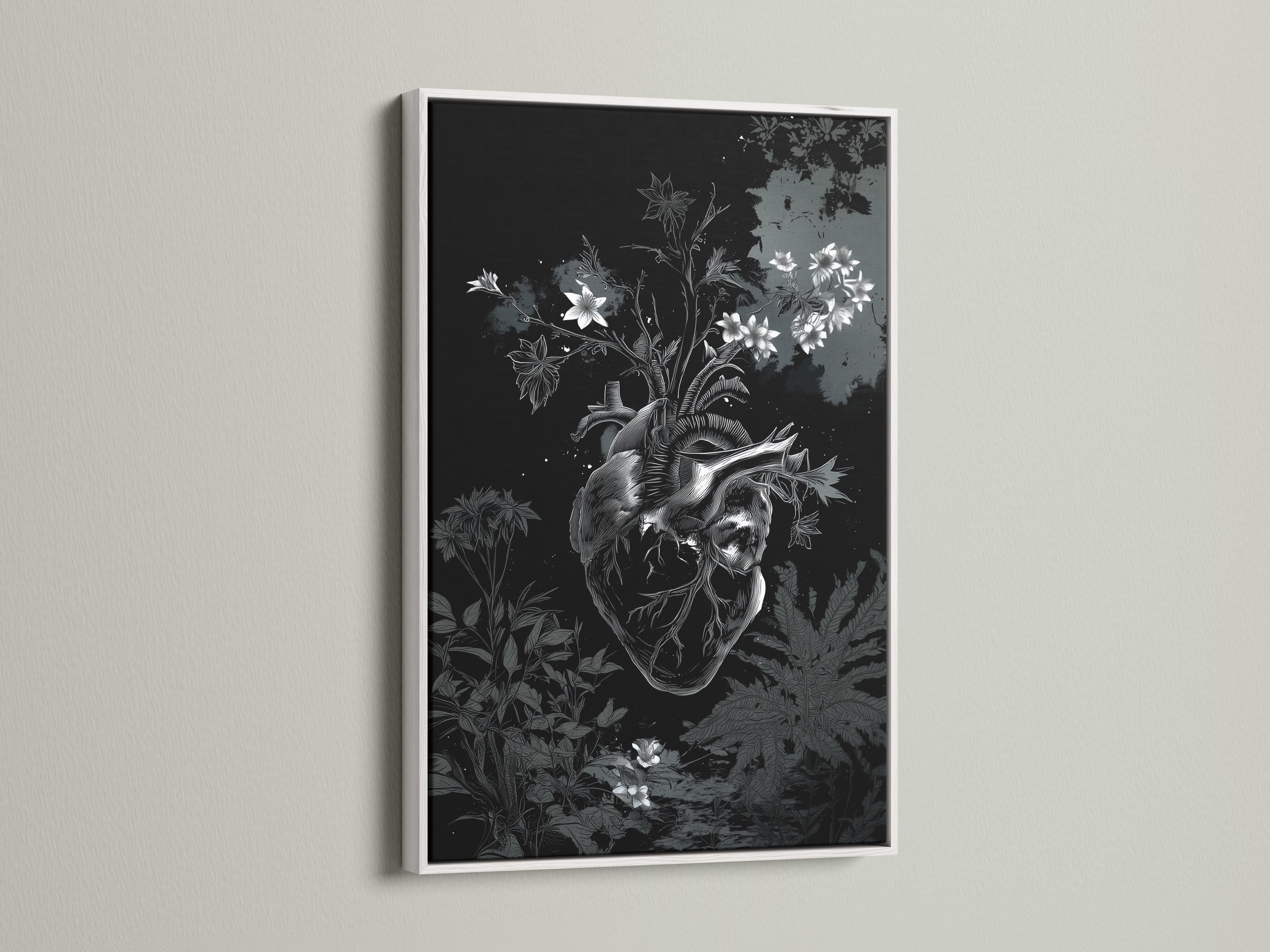 Room mockup showing a framed monochrome botanical heart artwork on a wall