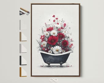 Floral Bathtub Canvas Print - Vintage Bathroom Wall Art, Whimsical Flower Art for Spa Bathroom Decor