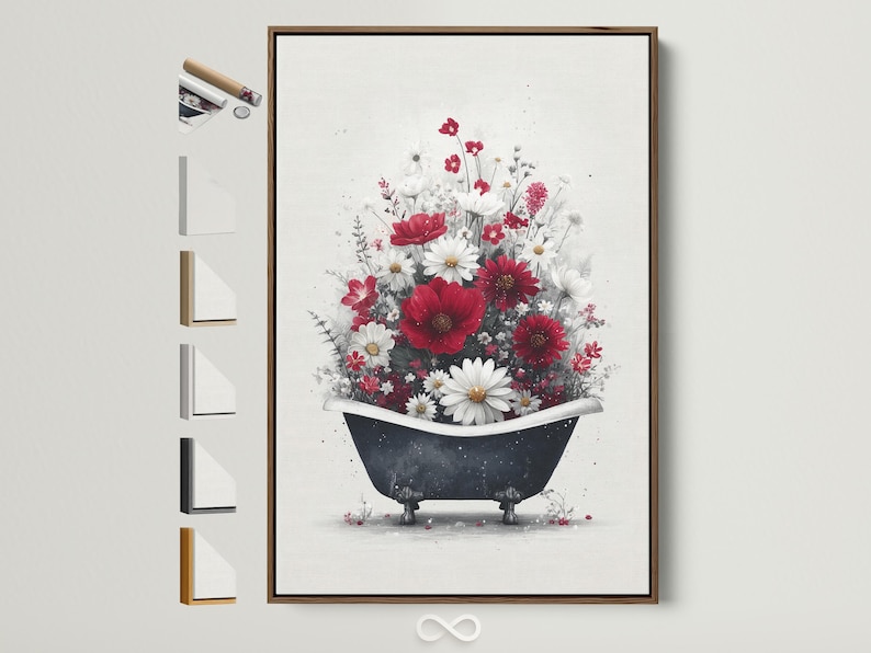 Vintage floral bathtub illustration with red and white flowers filling a dark bathtub