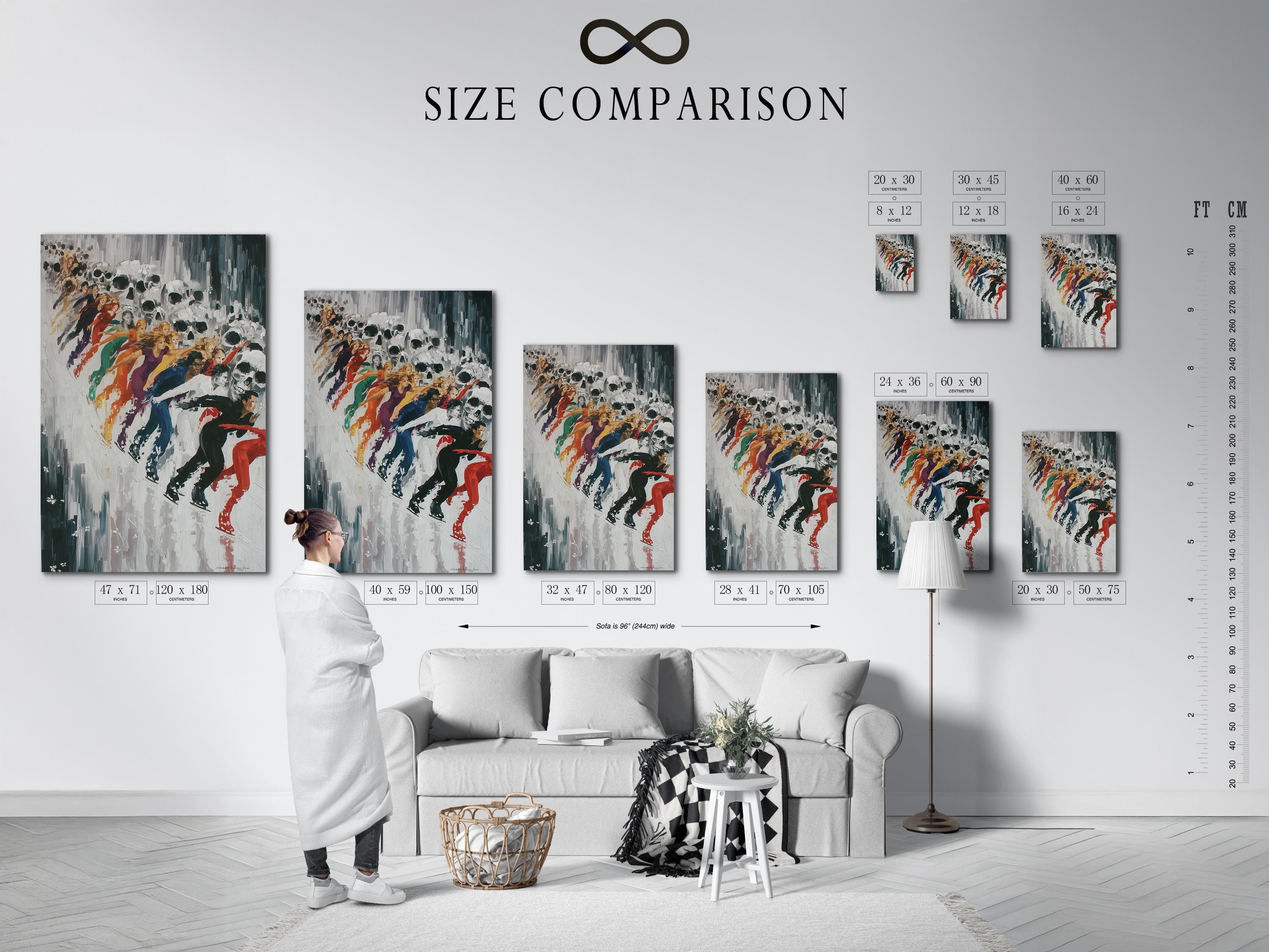 Skull skaters artwork displayed in a framed wall mockup with open background elements