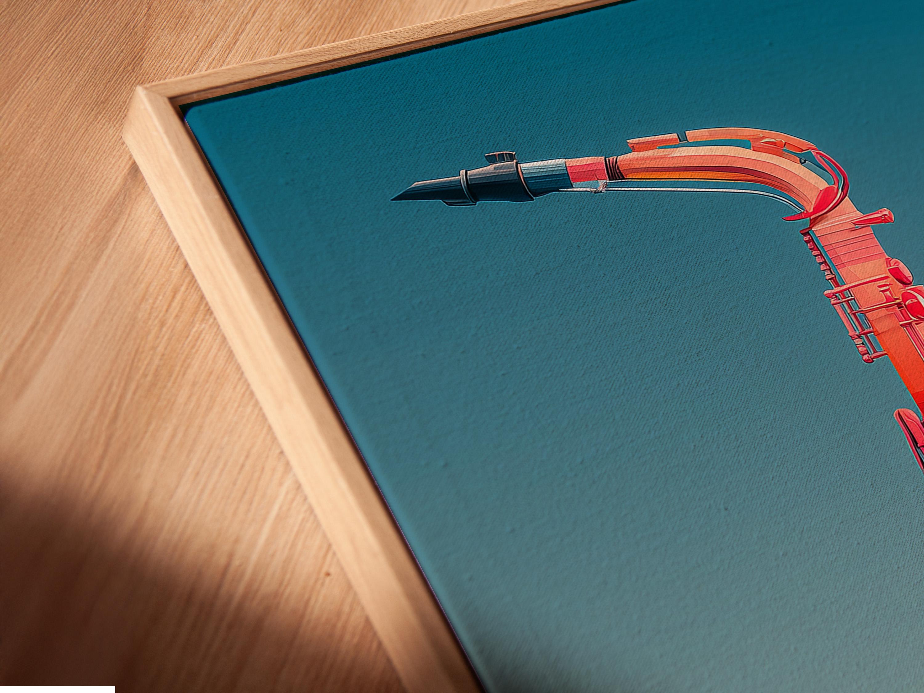 Stylised saxophone illustration in red on a teal-blue background detail view
