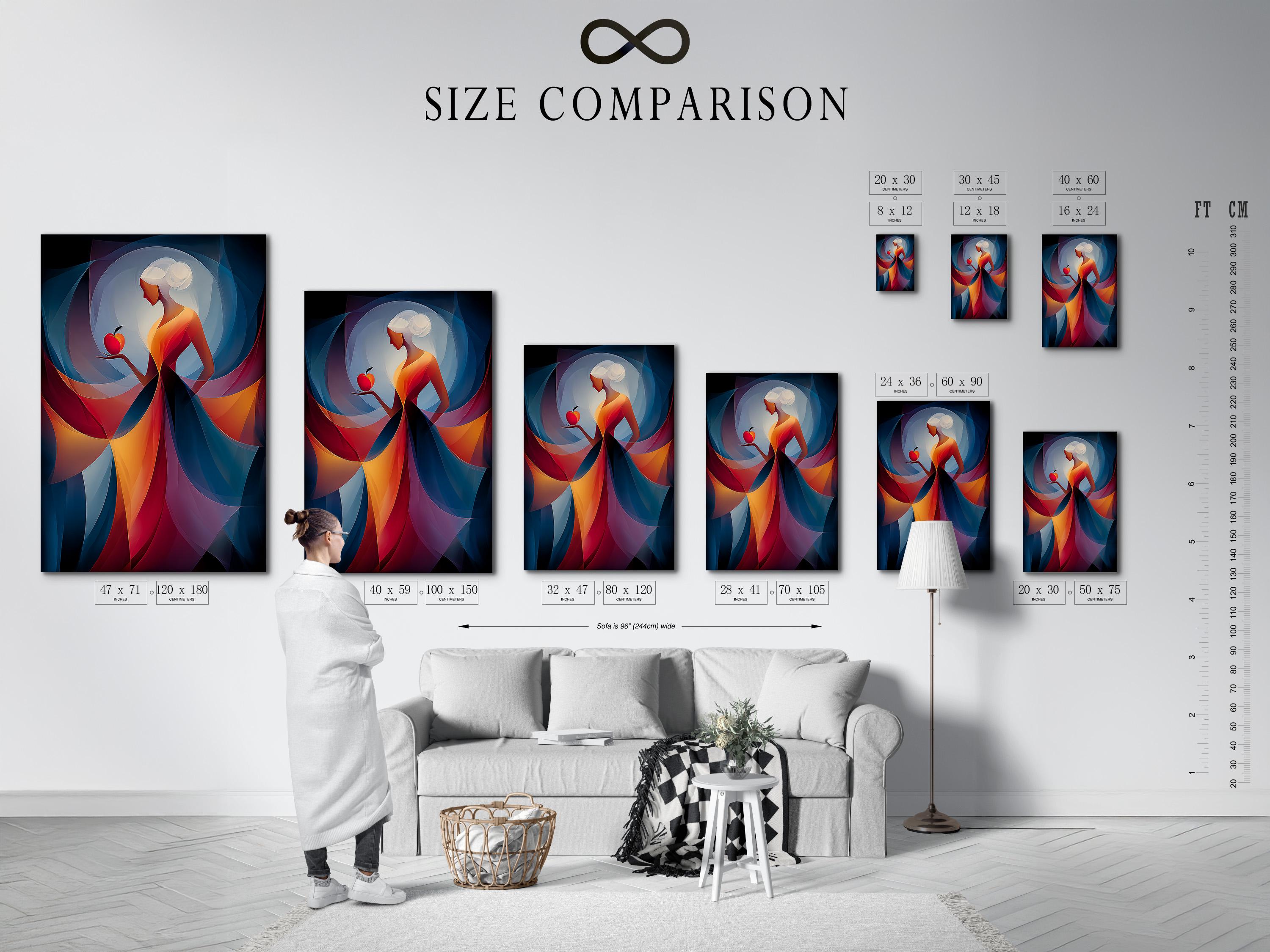 Abstract woman holding a red apple with layered blue, teal and purple curved shapes detail view