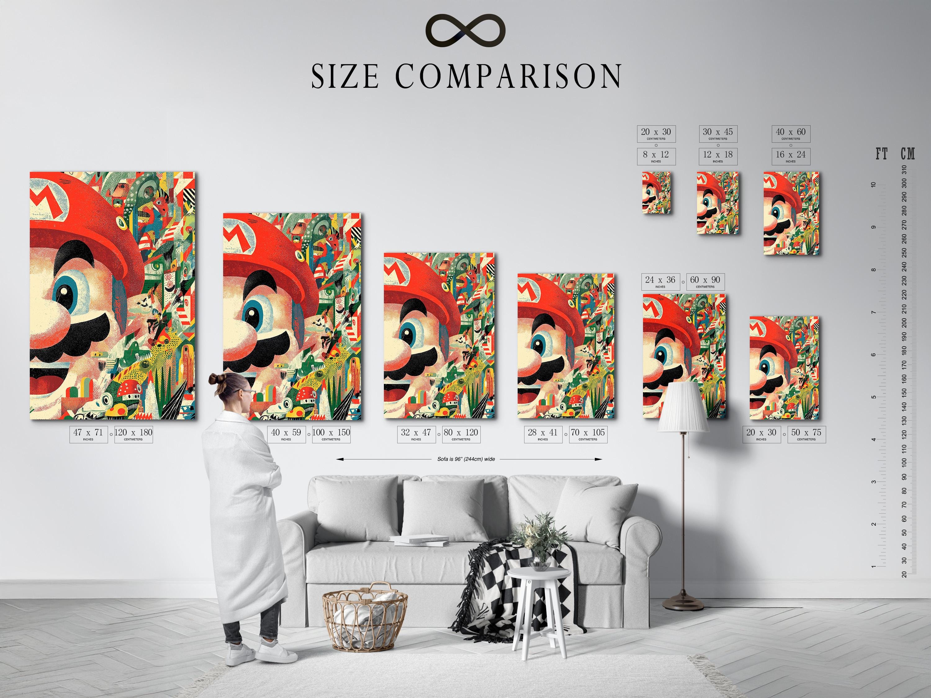 Retro gaming wall art with red and green collage design shown on a wall