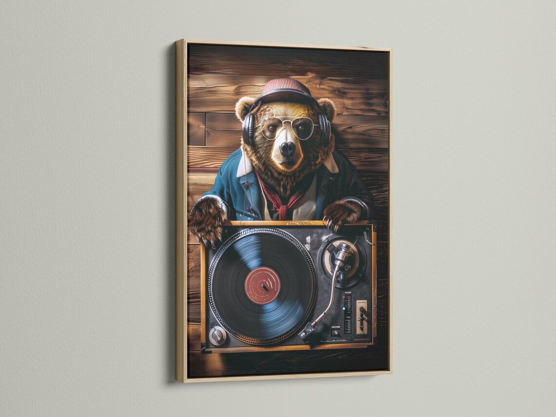 DJ bear wearing headphones and glasses behind a turntable with a vinyl record, set against dark wood planks detail view
