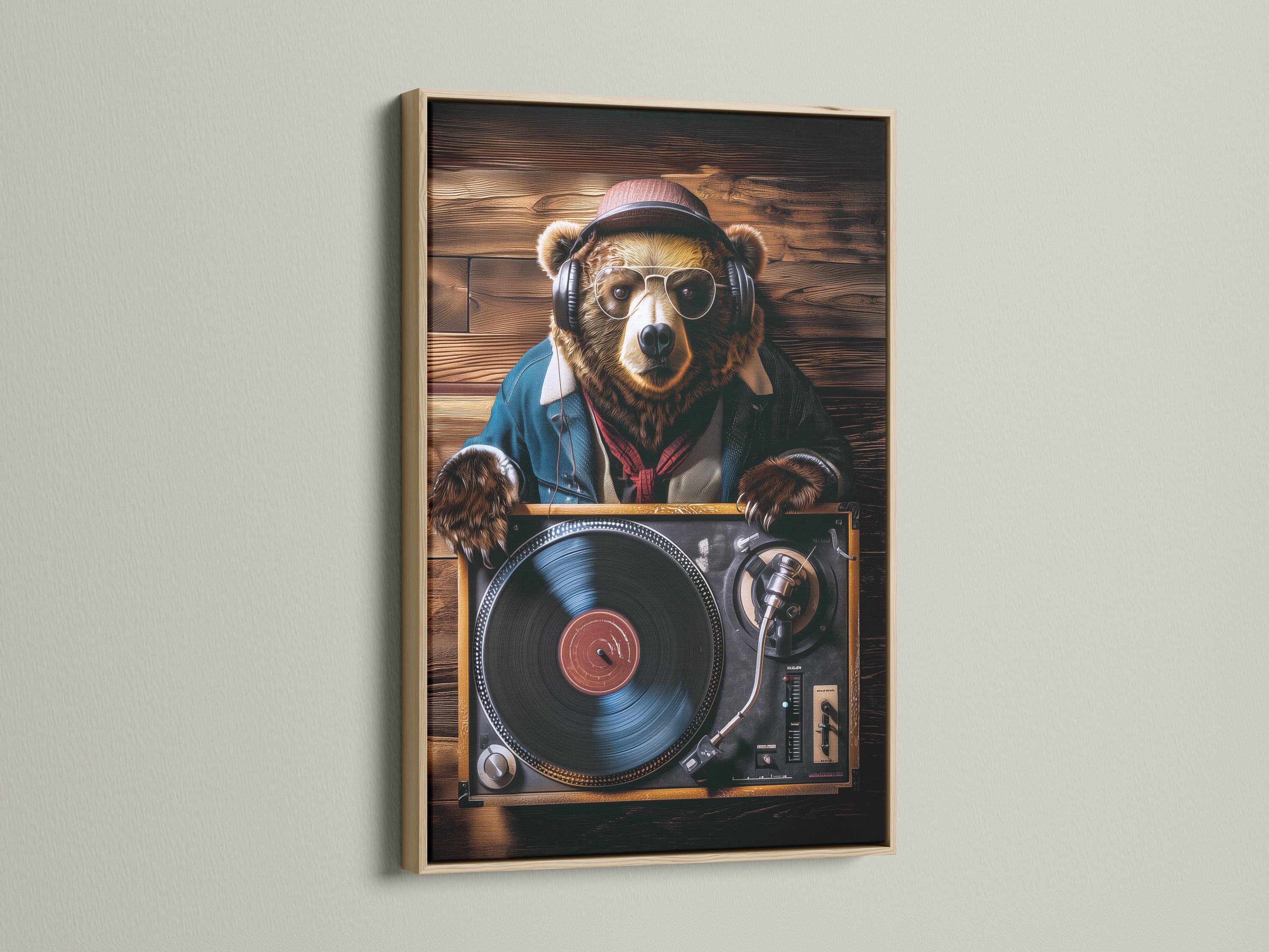 DJ bear wearing headphones and glasses behind a turntable with a vinyl record, set against dark wood planks detail view