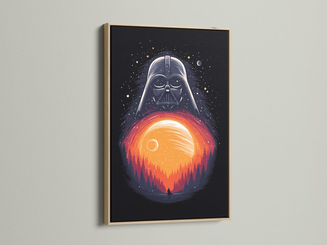 Dark sci-fi illustration of a helmeted villain above a glowing planet with stars and a forest silhouette detail view