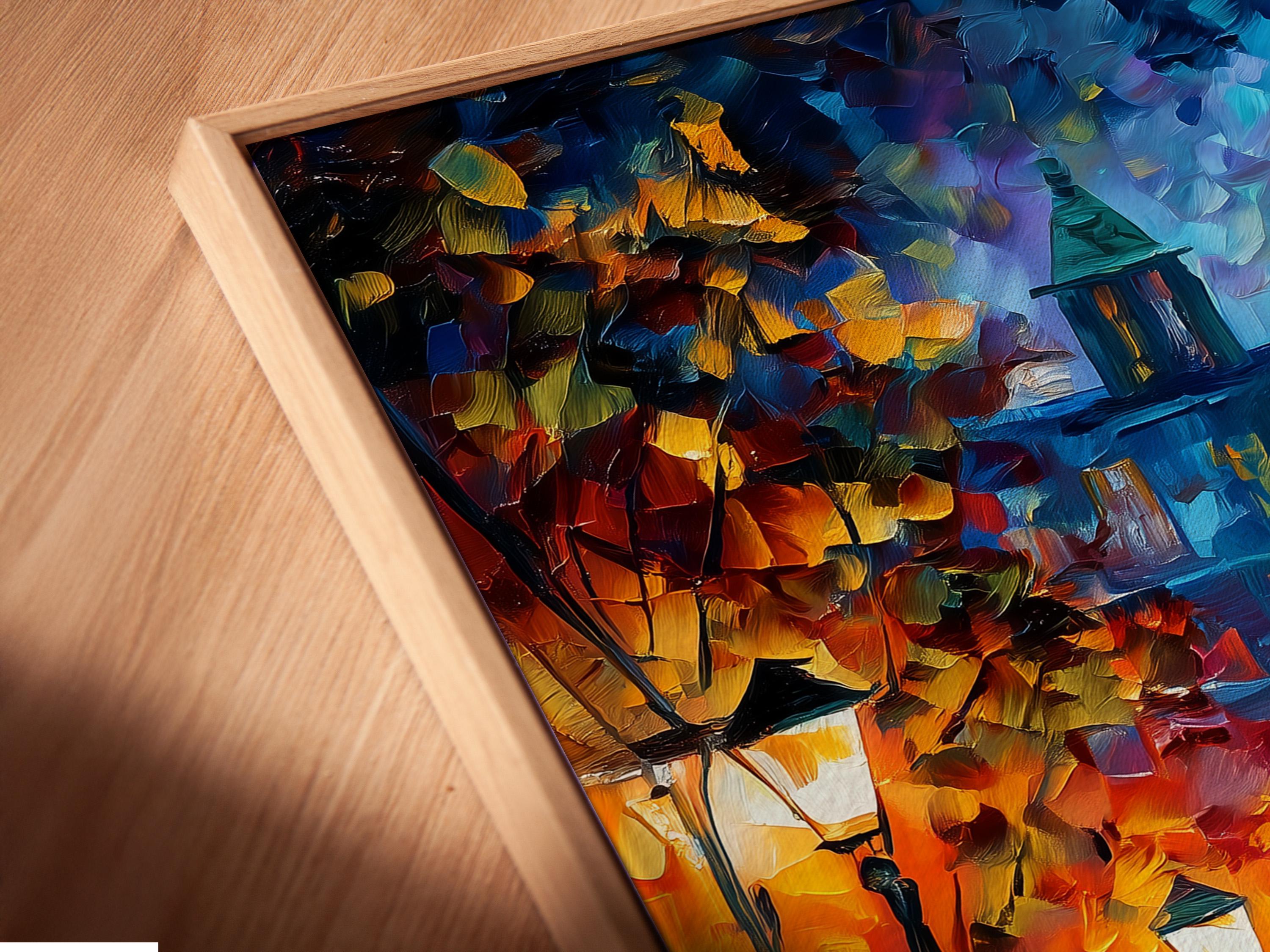 Room mockup showing a framed impressionist city street artwork on a wall