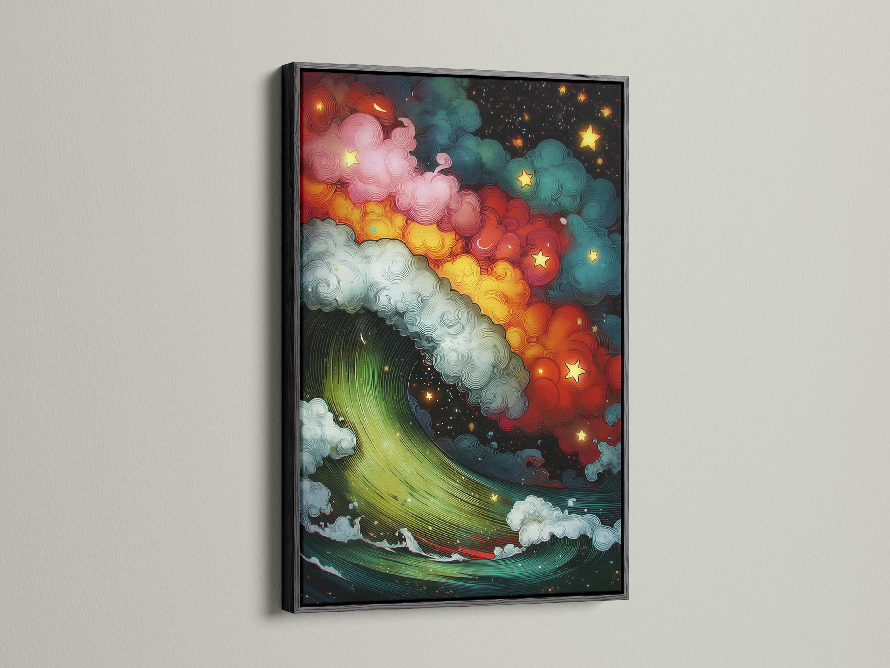 Starry ocean wave artwork with swirling clouds and gold stars in teal, red, and emerald green detail view
