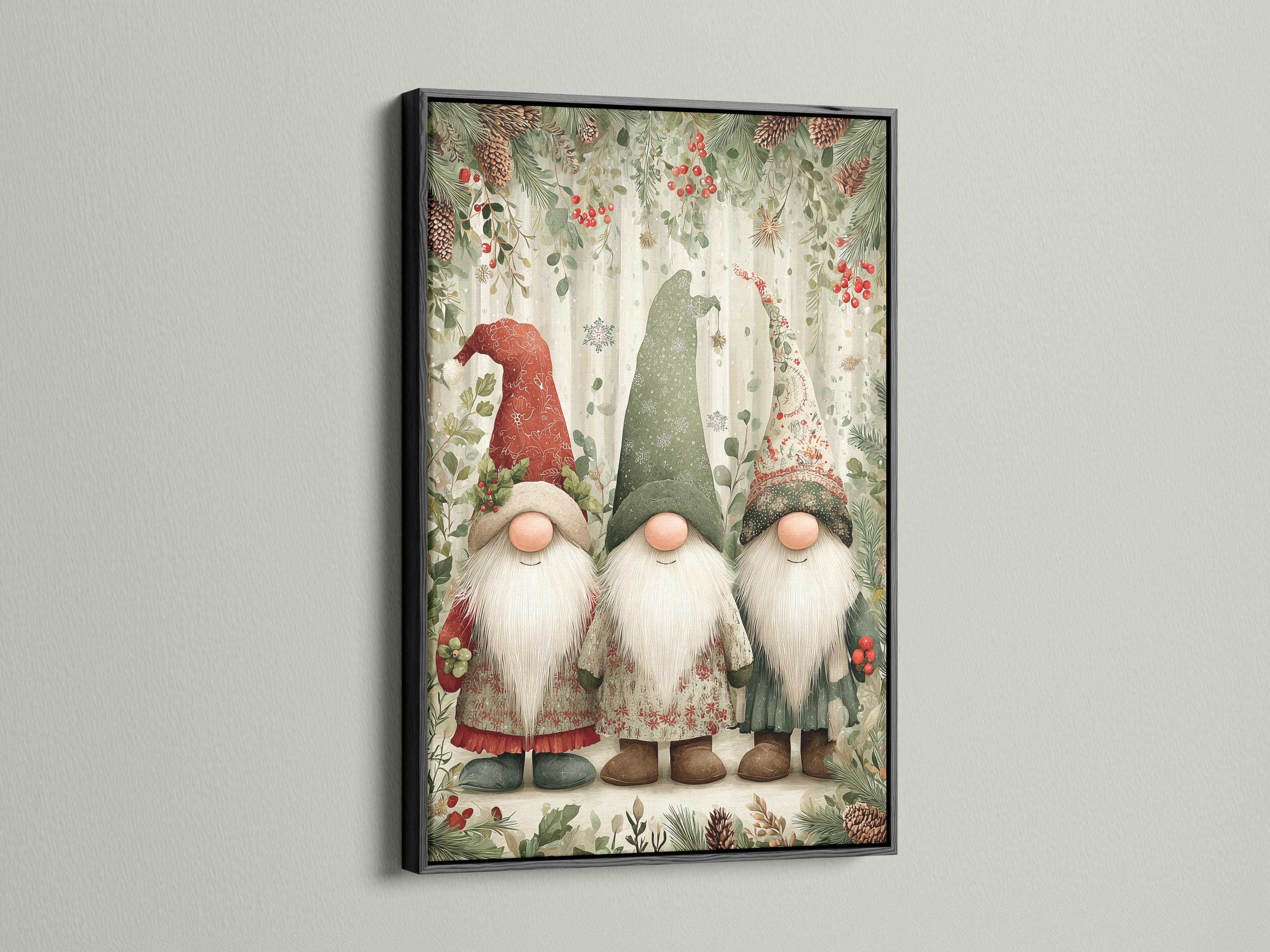 Three winter gnomes with long white beards standing in a festive evergreen scene detail view