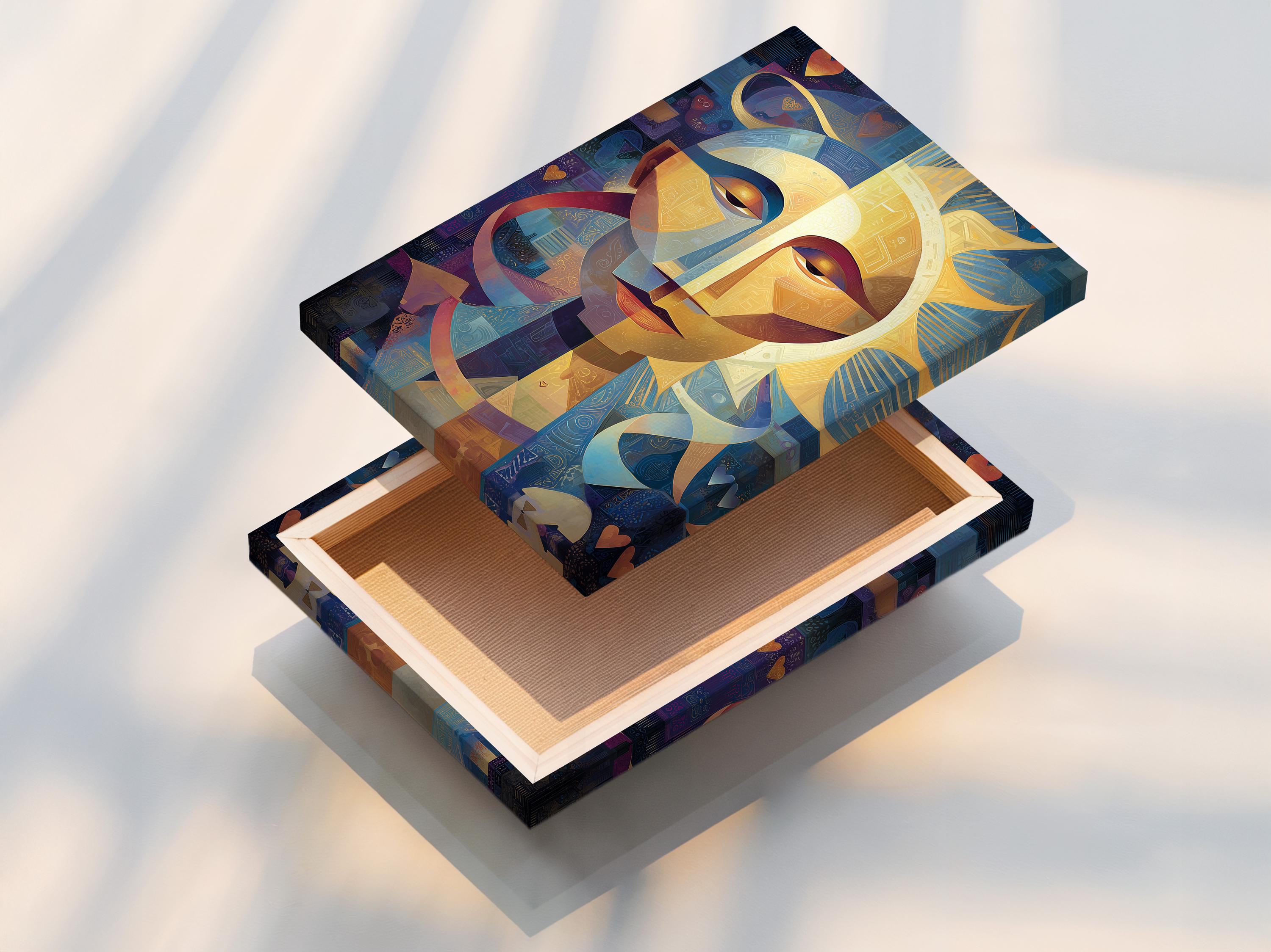 Geometric abstract face with a golden sunburst centre, blue and gold shapes, and small heart motifs detail view