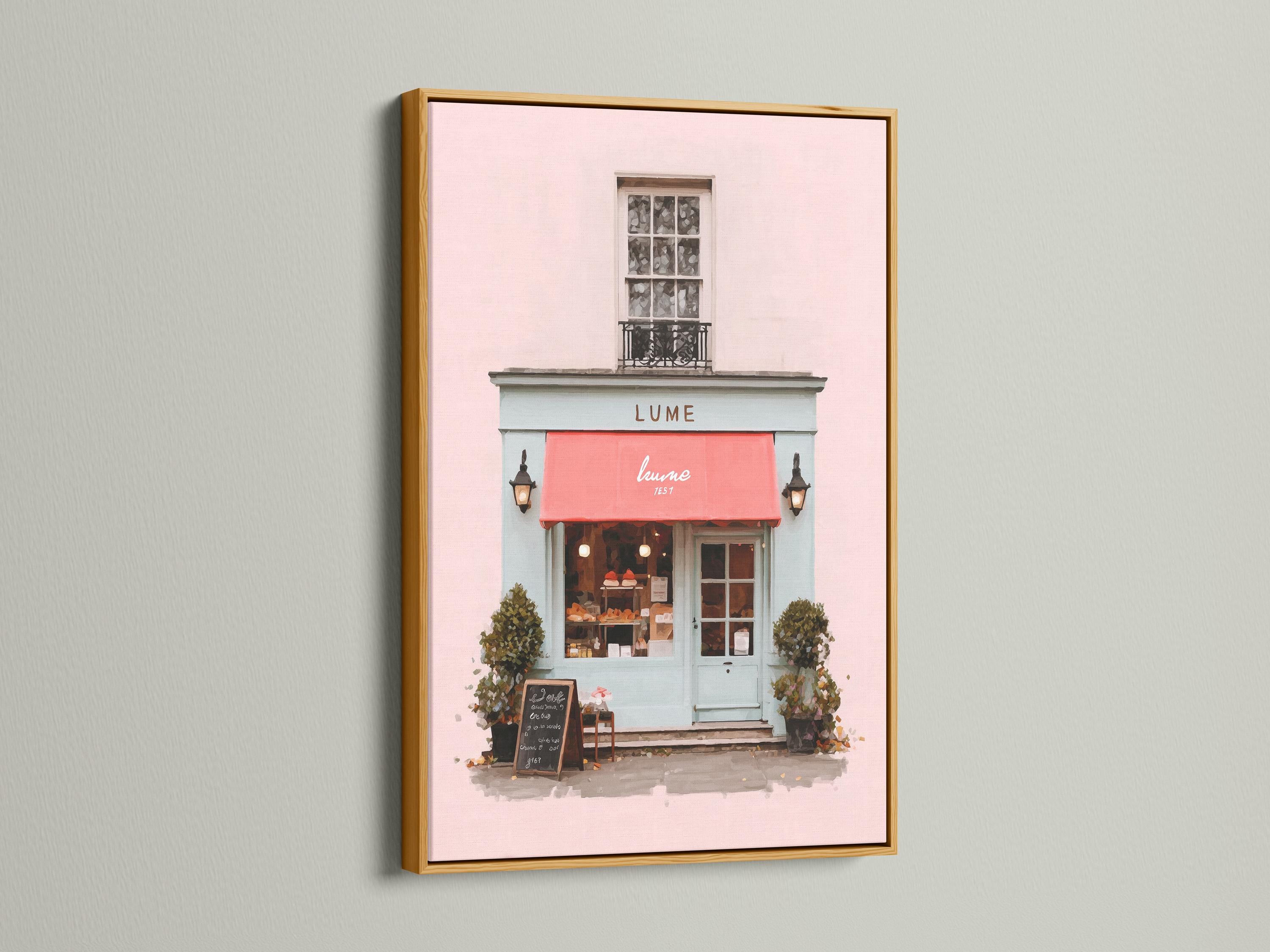 Pastel pink café front illustration with a red awning, lanterns, window and green shrubs detail view
