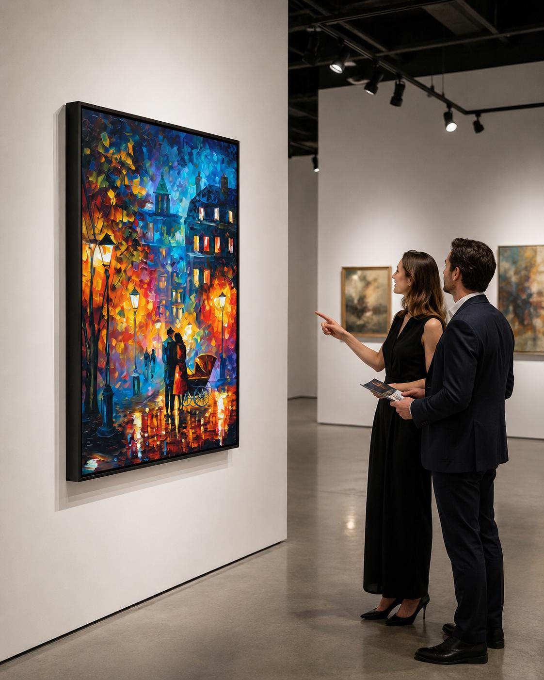 Room mockup showing a framed impressionist city street artwork on a wall